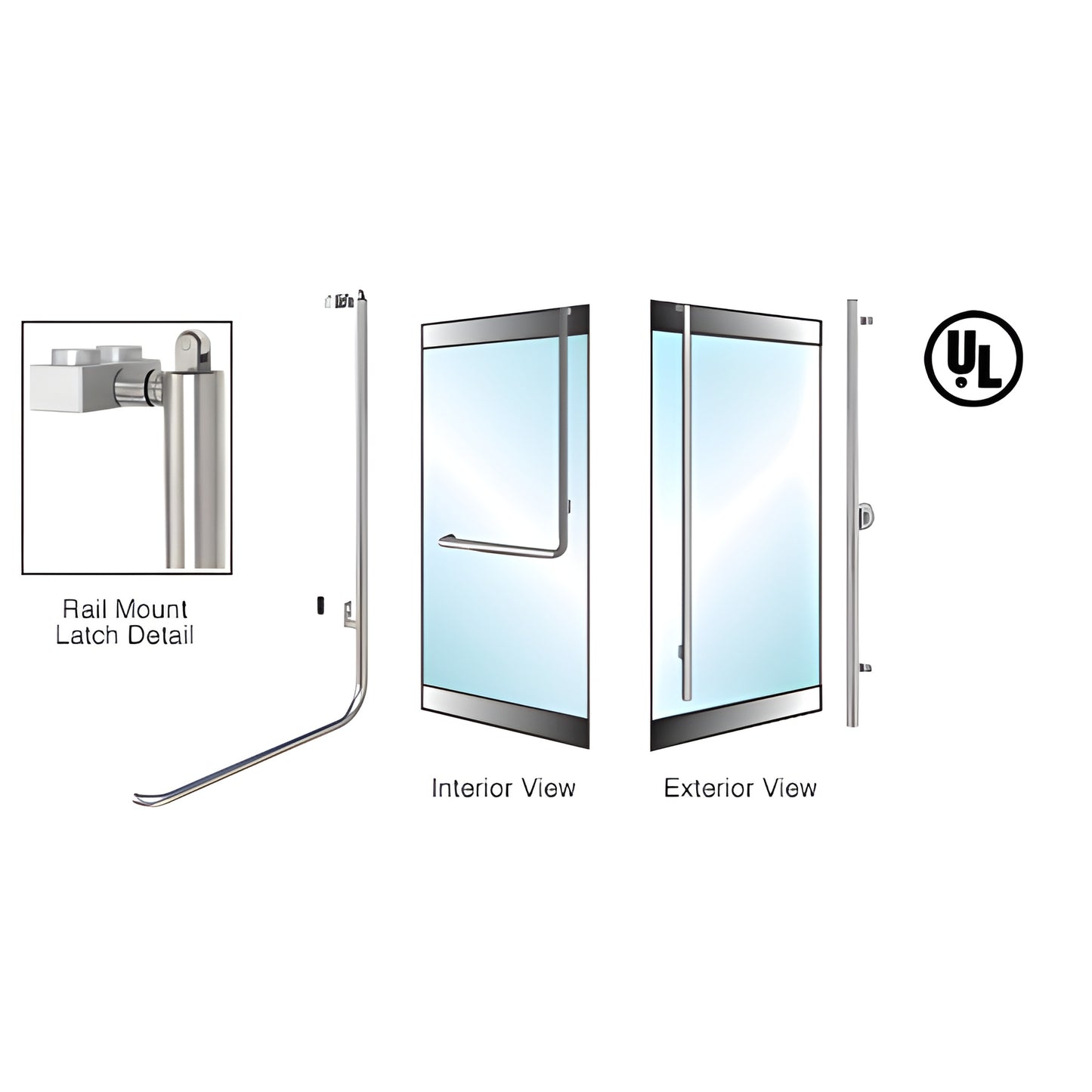 Brushed stainless tubular rail-mount glass door handle, fits 1/2" or 3/4" glass; right-hand reverse, exterior cylinder.