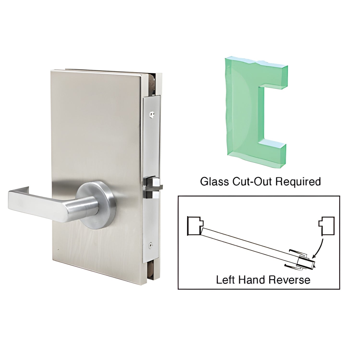 Brushed stainless steel 6x10 center lock with lever for 1/2" tempered glass, left-hand reverse (SKU DL611LPBS)