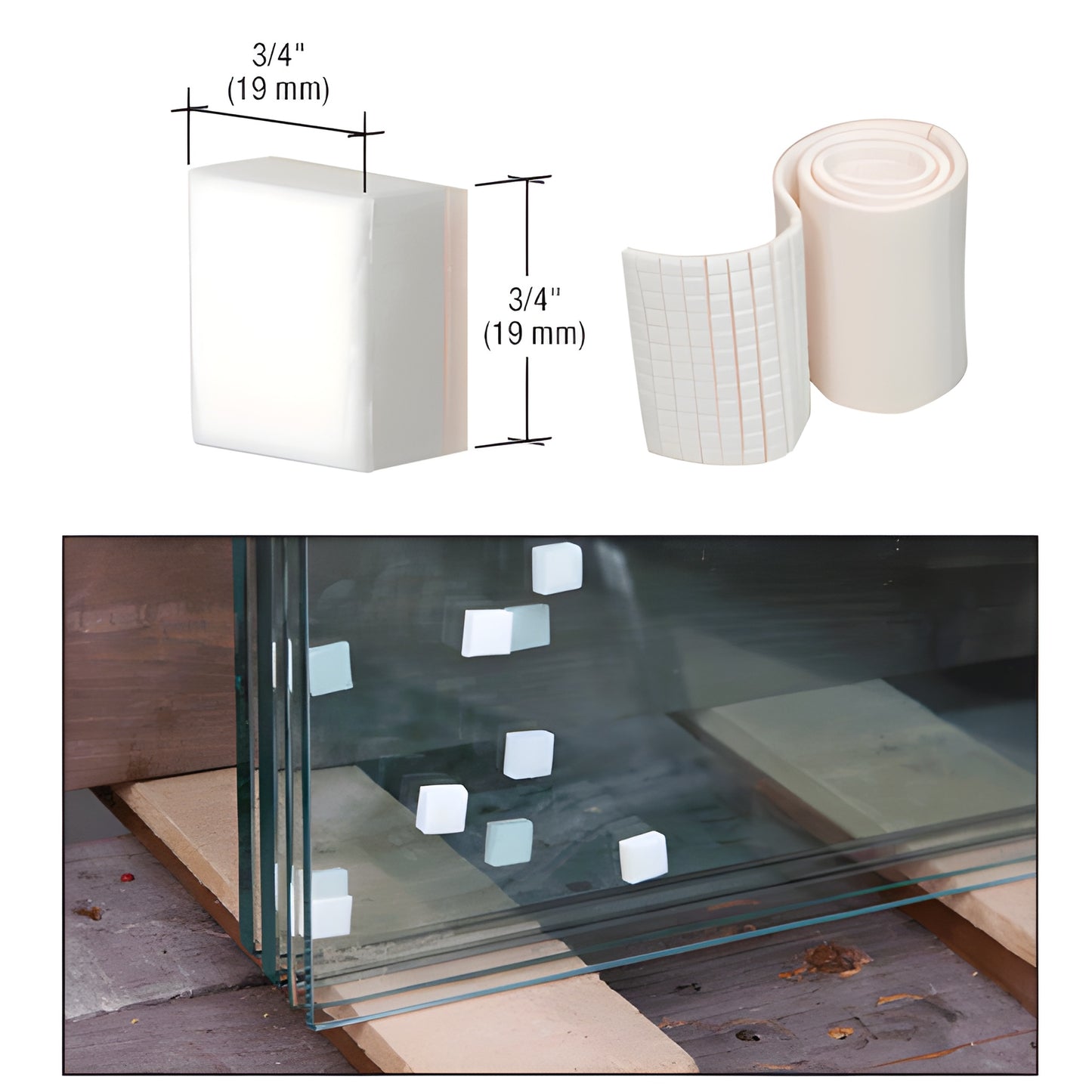 CRL NAP34 white 3/4 in foam non-adhesive shipping pads on roll and stuck to glass edges for protection