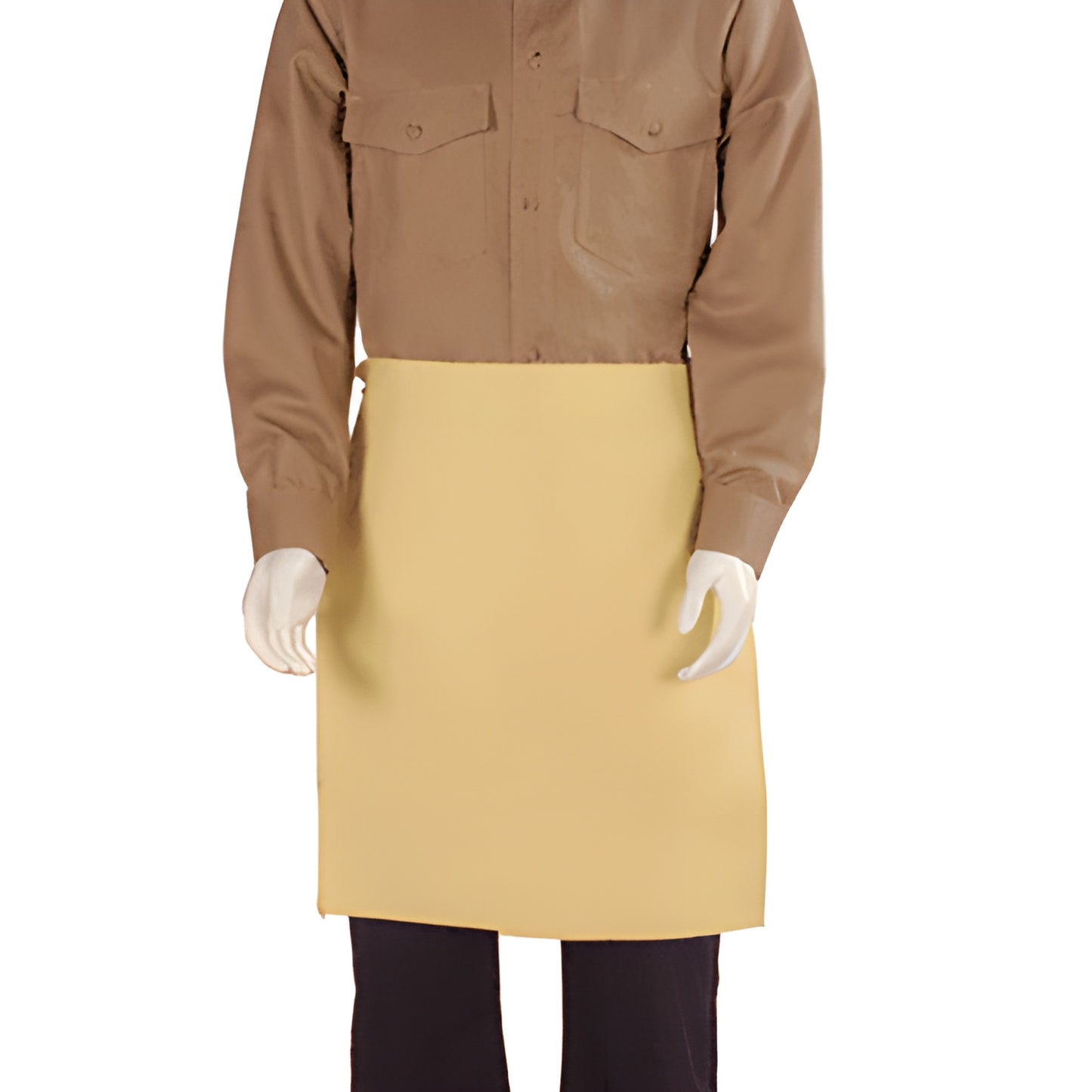 Cut-resistant tan twill waist apron (A01KV2024), 20"x24", leather tie straps, ANSI Cut Level 2, covers waist to knee.