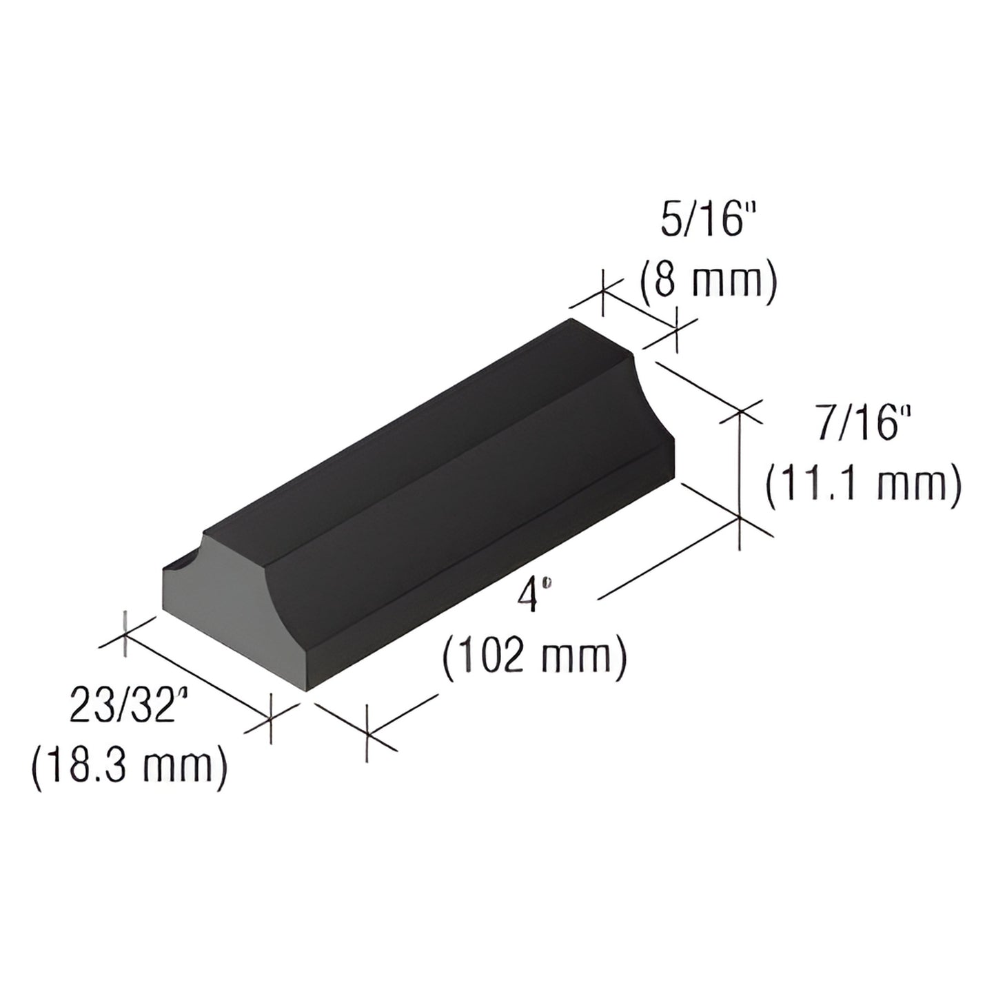 SB513 black vinyl glass setting block, 102 mm long, 11.1 mm high, 8 mm top groove, flame-retardant.