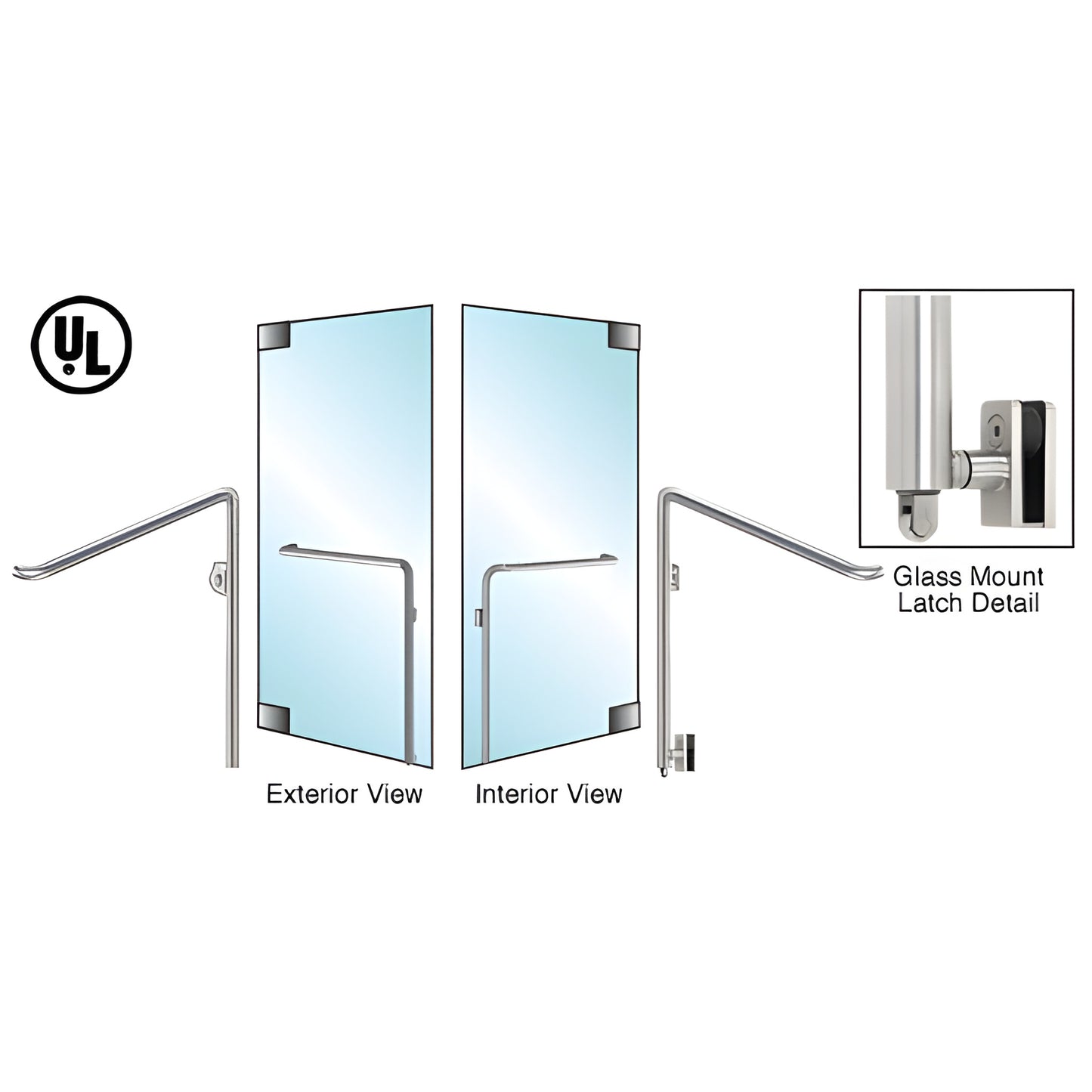 PA110C4GKBS Brushed stainless tubular panic handle for 1/2" glass doors, left-hand reverse, exterior keyed, bottom latch.