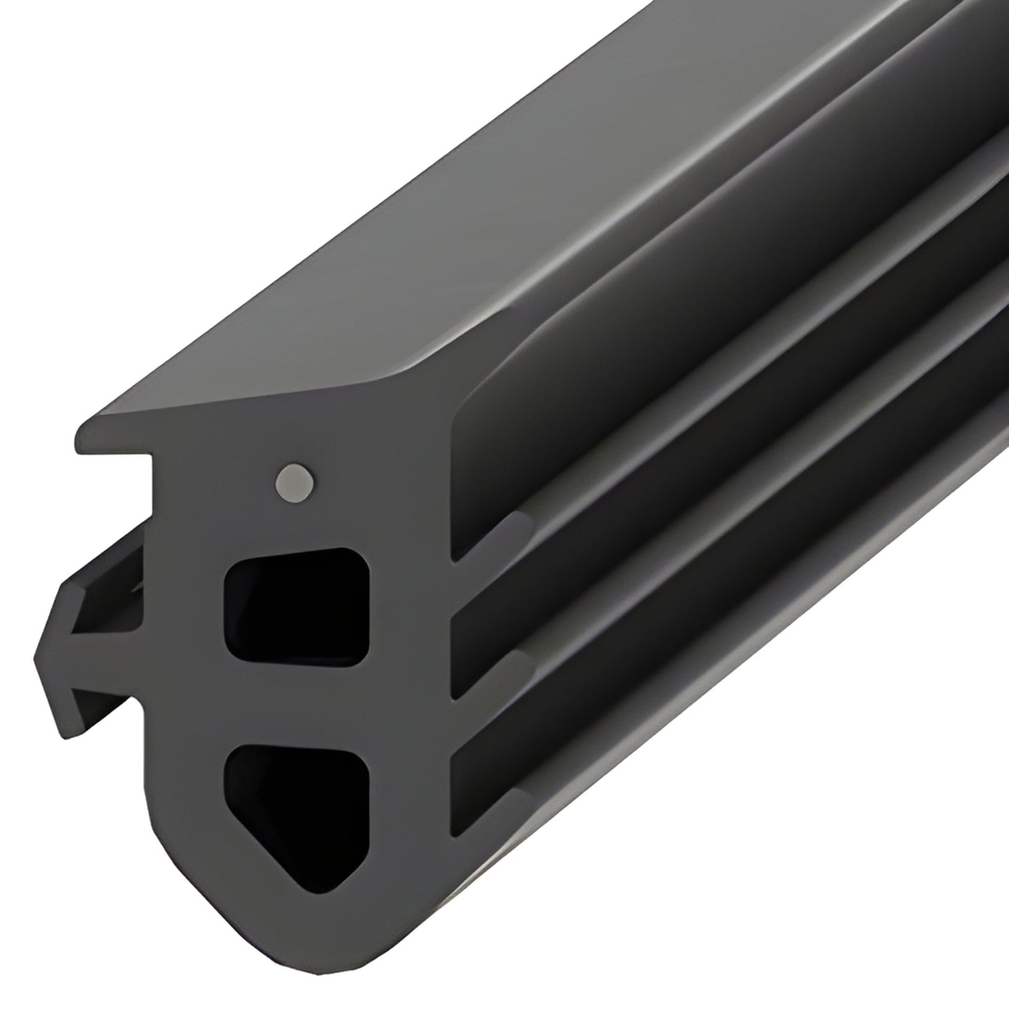 Black rubber safety seal (SKU SLBSG2), extruded profile for laminated tempered glass base shoe - close-up.