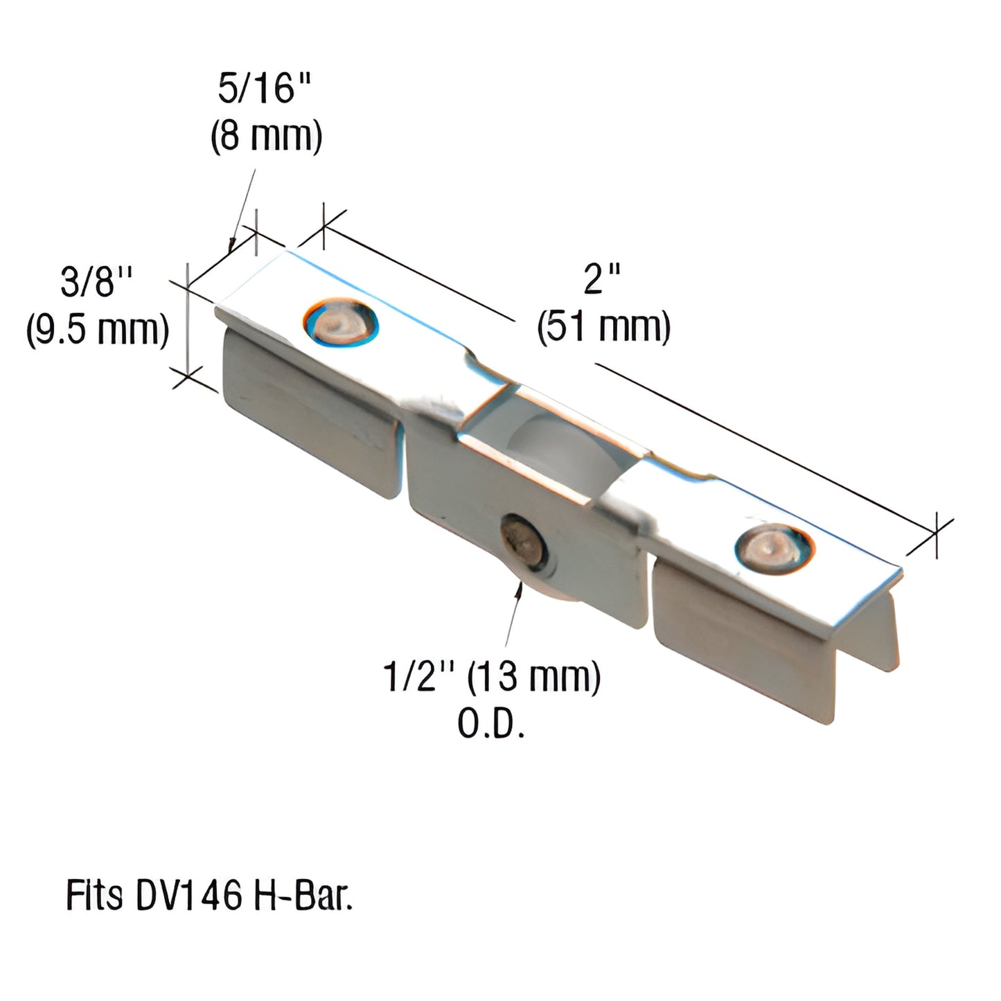 DV147 center-groove CRL roller assembly, steel housing with nylon or steel roller, 2 in long, fits DV146 H Bar.
