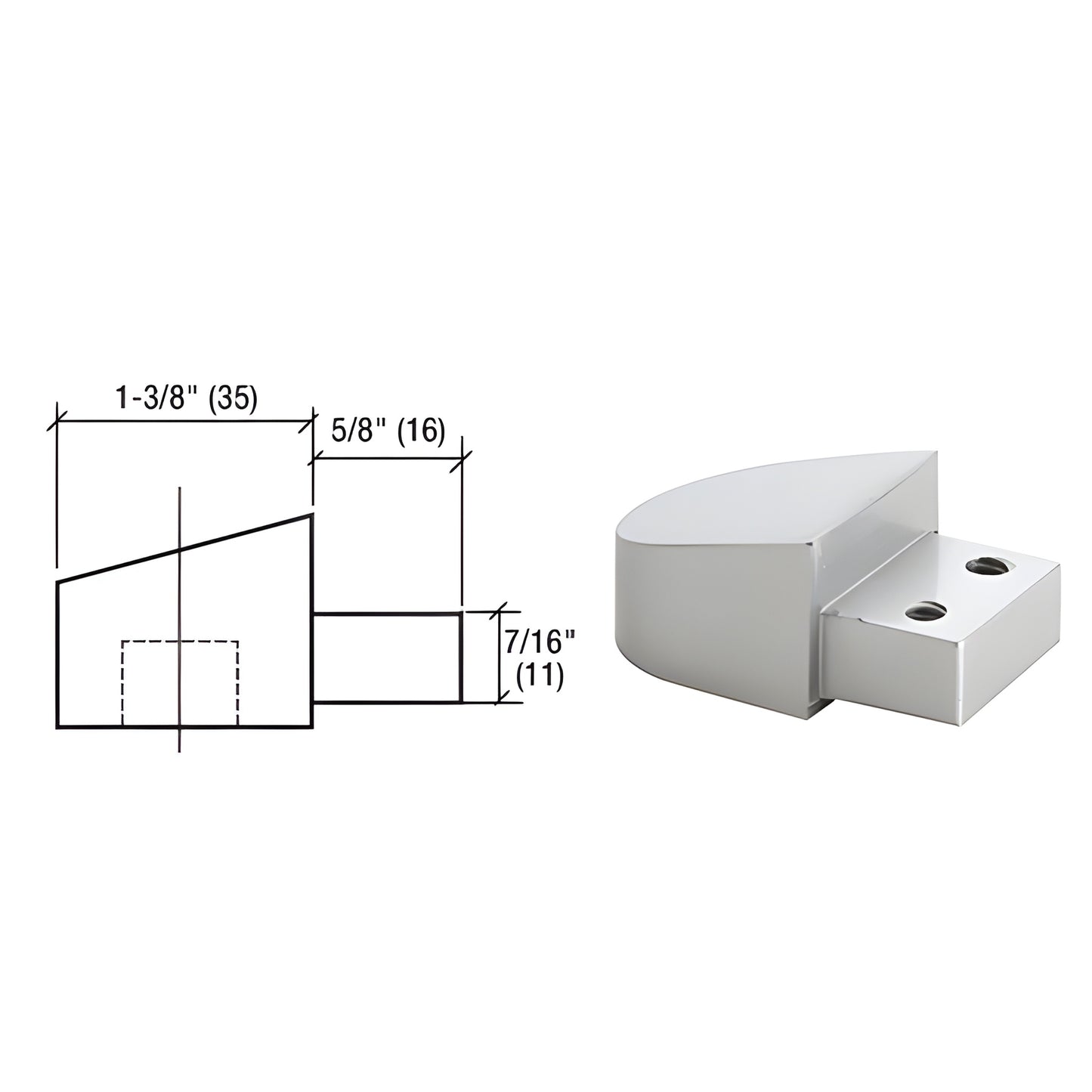 Clear anodized offset pivot frame portion SKU D06211, product photo with dimensional drawing.