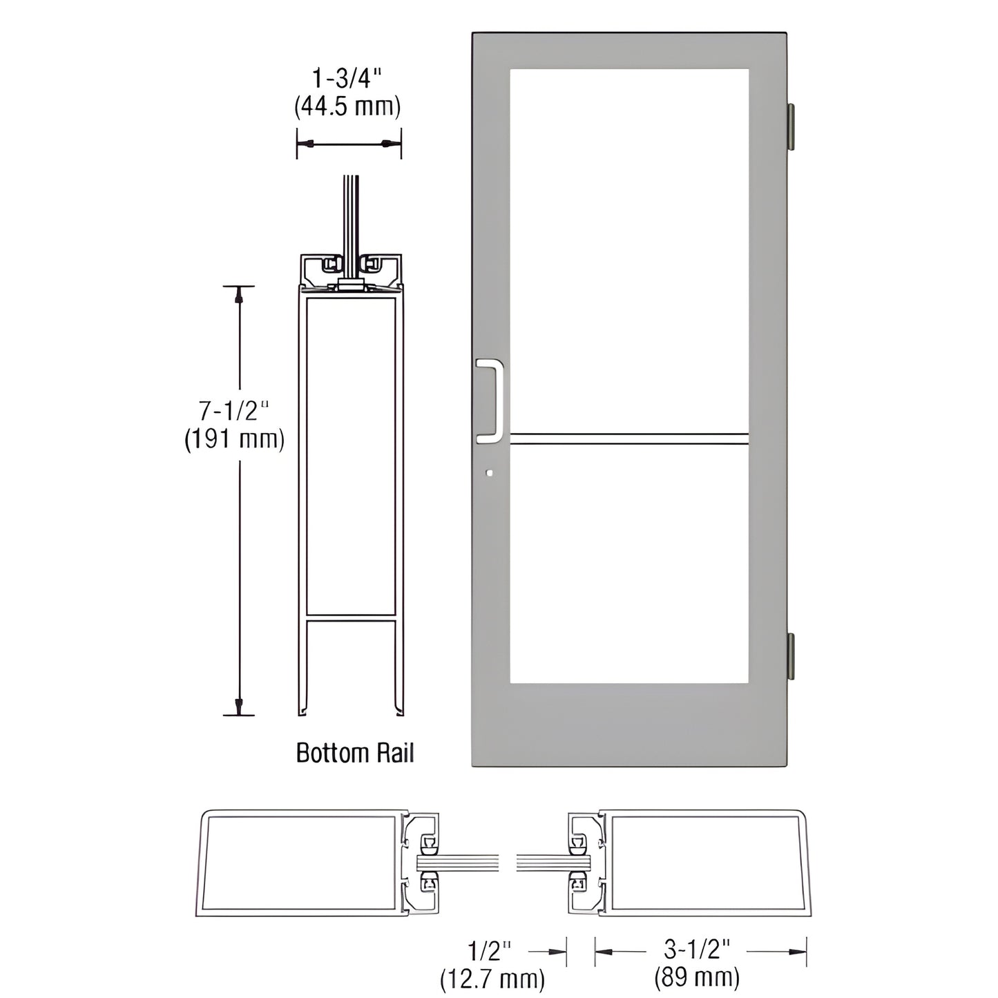 HE41511 medium-stile commercial entrance door, Clear Anodized Class 1, 3-1/2" stiles, 7-1/2" bottom rail, fits 1/4" tempered