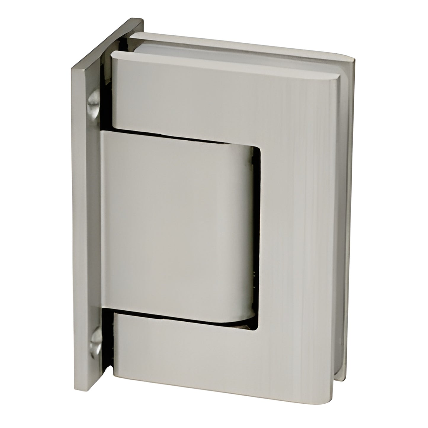 H8010BTSA satin anodized aluminum oil-dynamic wall-mount full-back hinge for 8-14mm glass, self-closing with 90 hold-open.