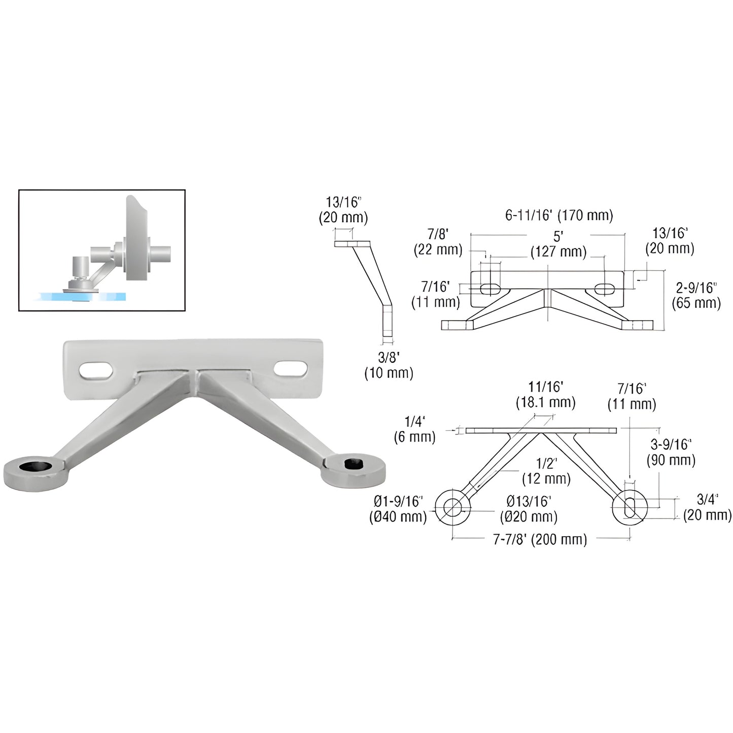 CRL FMR2VBS stainless steel V-arm glass-to-wall fitting for 3/8"-1/2" tempered glass.
