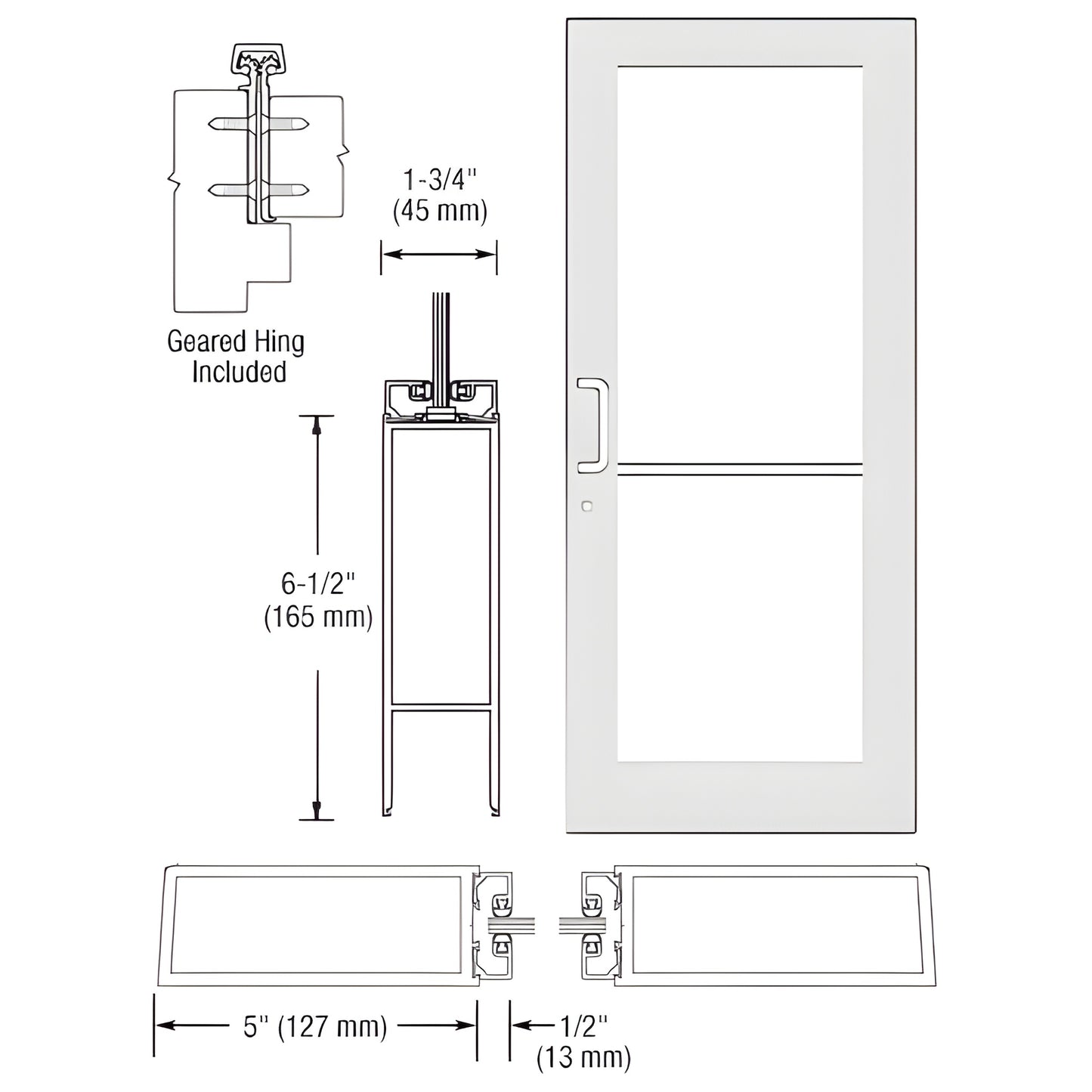 White Kynar wide-stile commercial glass entrance door (SKU DC51852) with push/pull hardware, 5" stiles and 61 2" bottom rail.