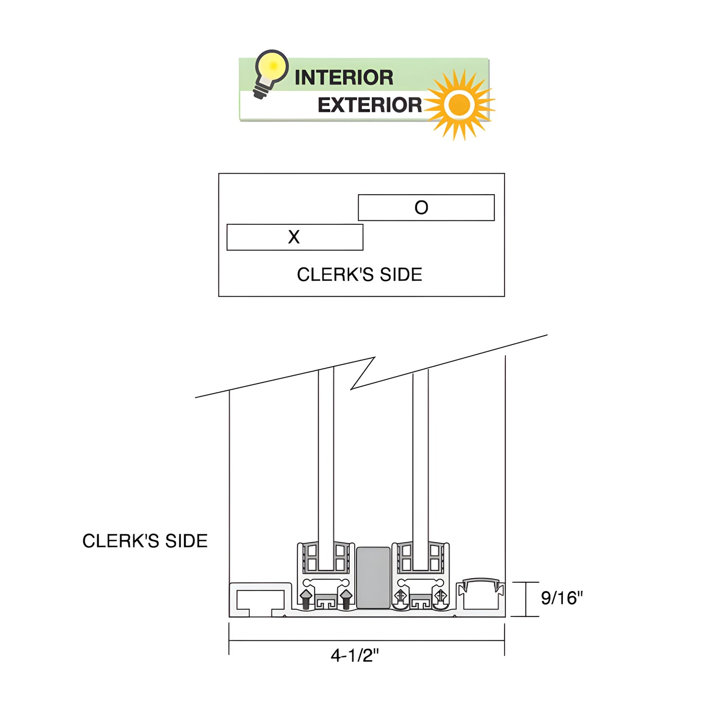 Satin anodized aluminum self-closing XO service window, 471 2" 433 4", sliding panels, thumb-turn lock, full bottom track.