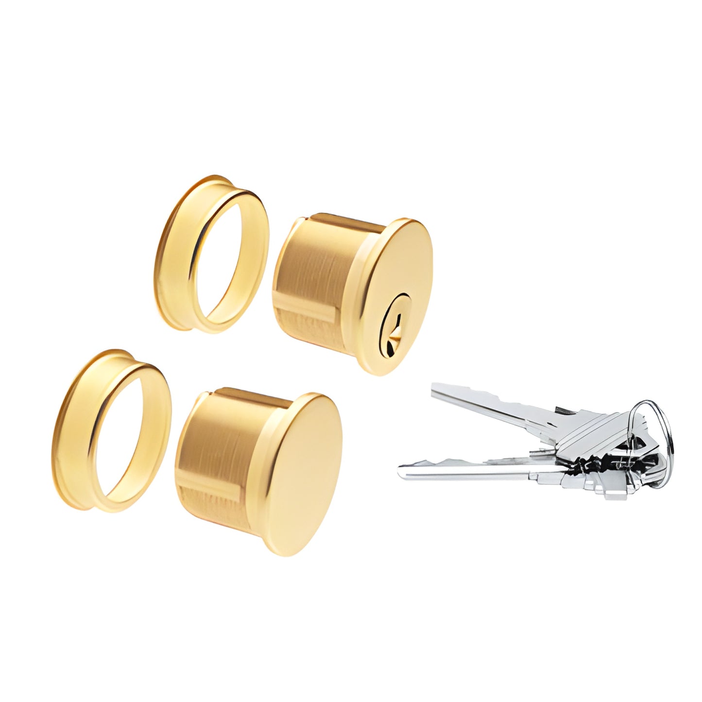 Polished brass mortise cylinder combo set with two cylinders, two trim rings and three keys, SKU DRA1030PB