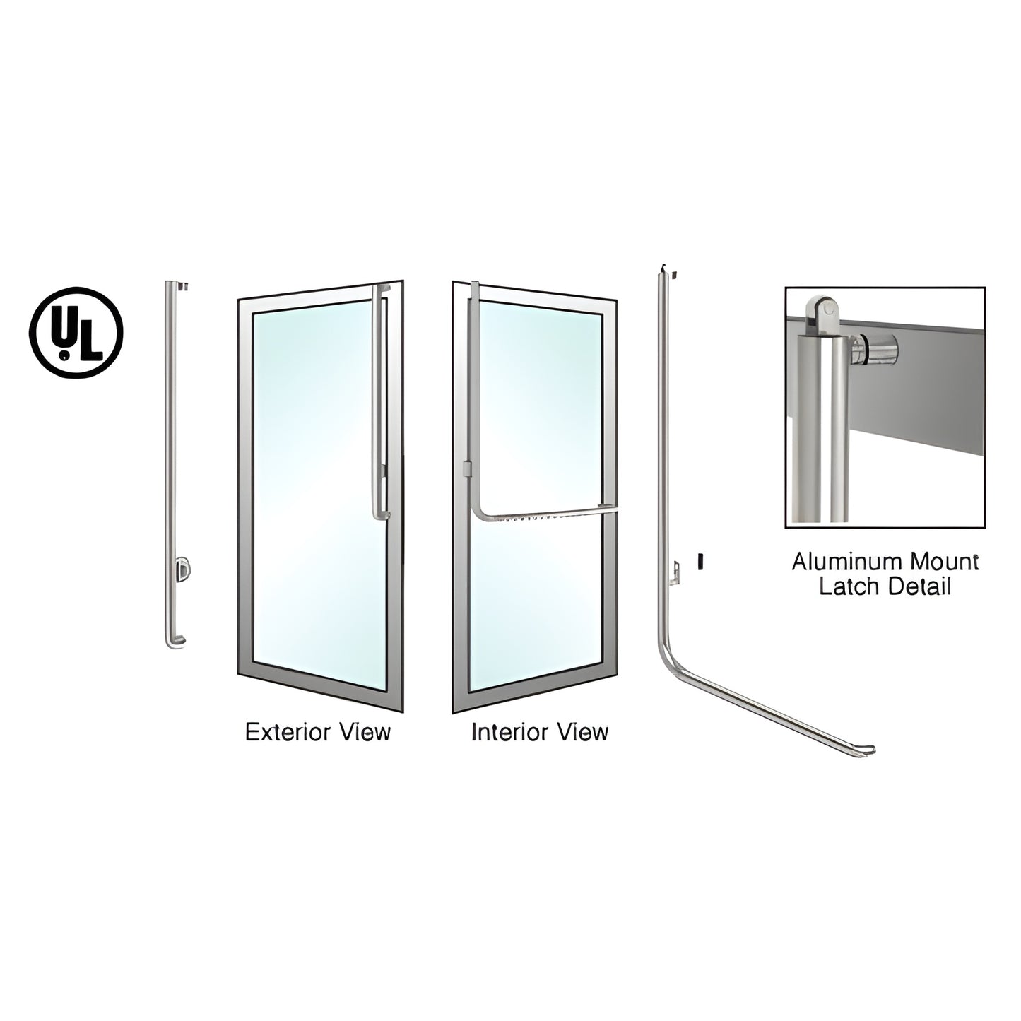 Brushed stainless tubular panic handle PA100J4AKBS for 1/2-3/4" glass doors; 1-1/4" tube, left-hand reverse, ADA-compliant.