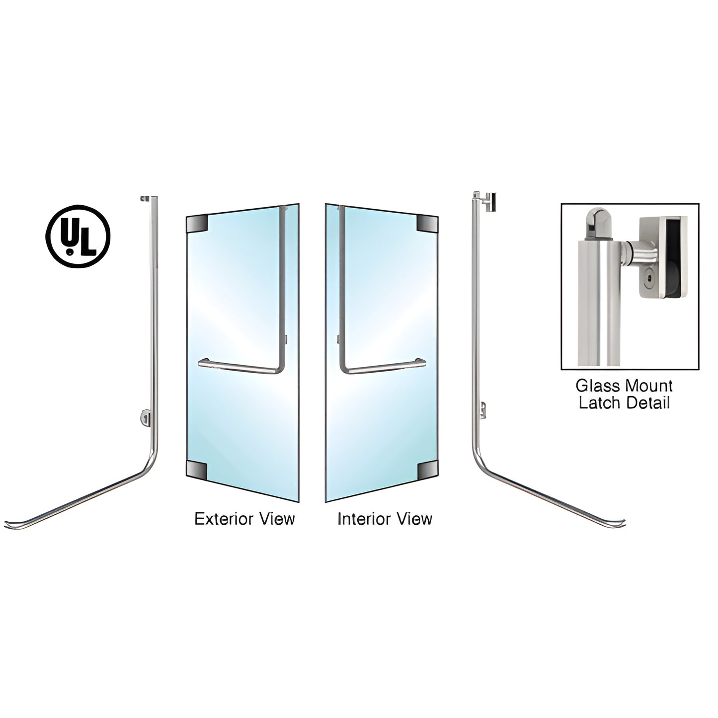 CRL polished stainless steel glass-door panic handle for 3/4" tempered glass, exterior access - SKU 3P100D4GKPS