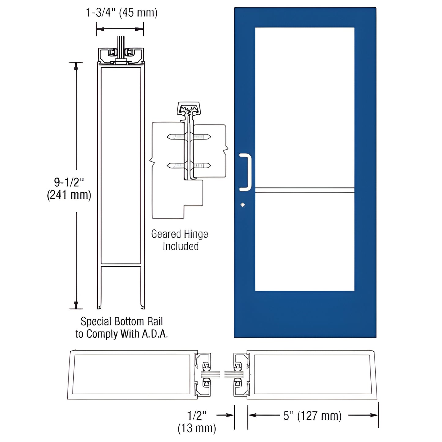 CRL Custom Wide Stile Entrance Door CD51871, blue Custom Kynar finish, 5in stiles, 91 2in ADA bottom rail, fits 1/4in tempered