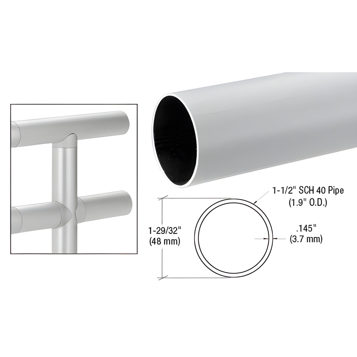 Aluminum 1.9" (48 mm) handrail tubing, mill finish, 20 ft length; cross-section and splice detail (SKU HR19M)