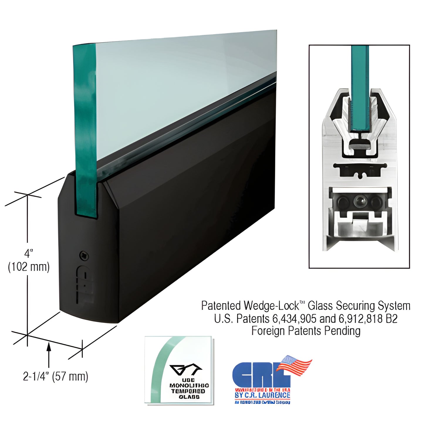 Gloss black 4" tapered aluminum door rail, 35-3/4" for 5/8" glass, Wedge-Lock securing system - SKU DR4TBL58S