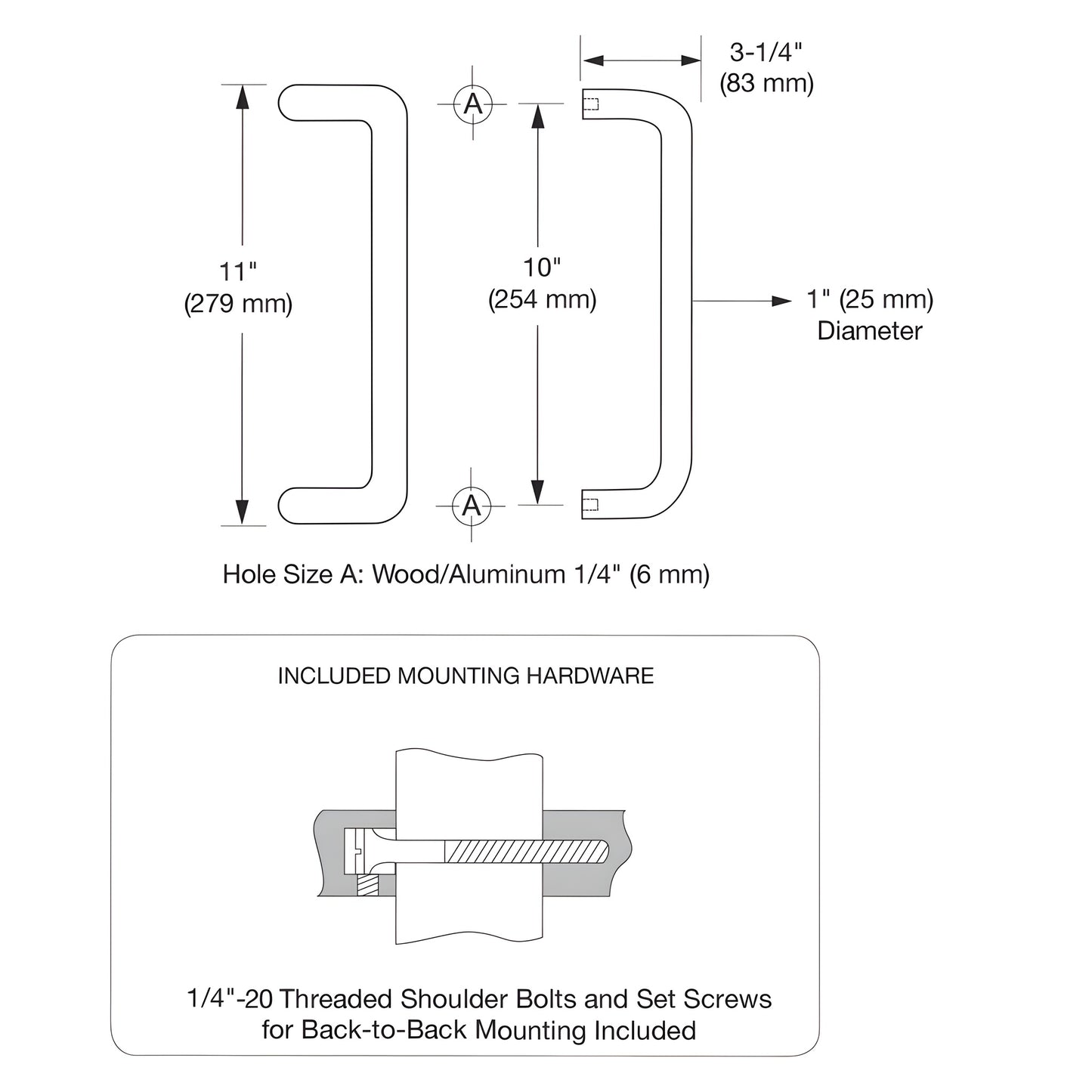 Dark bronze 1" offset aluminum door pulls, back-to-back set with thru-bolts - SKU 2952PRBRZ