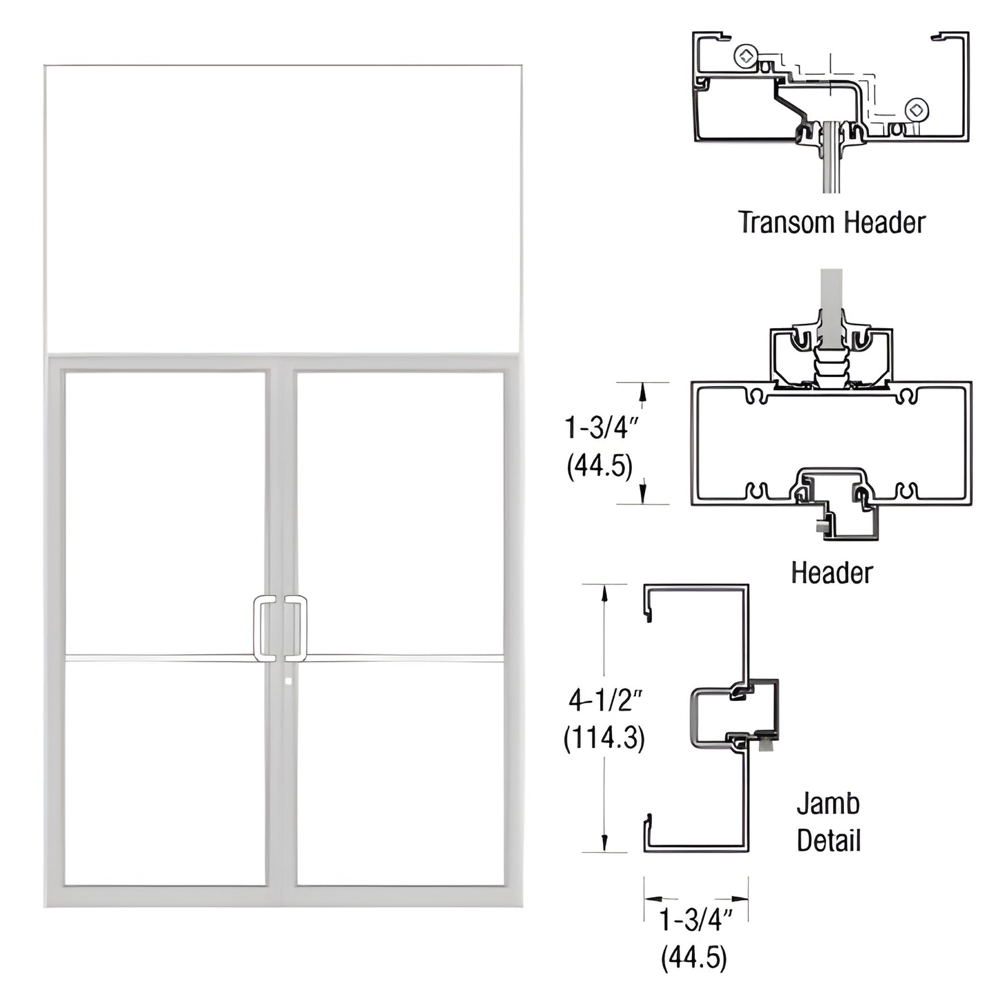 White Kynar 72" x 84" butt-hinge transom door frame with transom, header and jamb detail drawings - SKU 0B62552