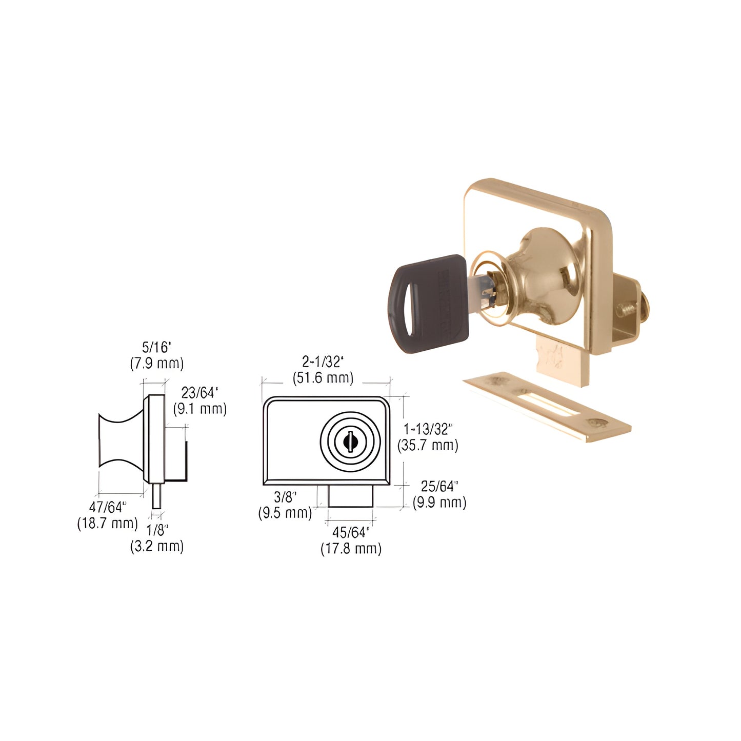 Gold-plated no-drill cabinet glass lock (LK48) for 1/4" glass, includes key and matching strike plate.