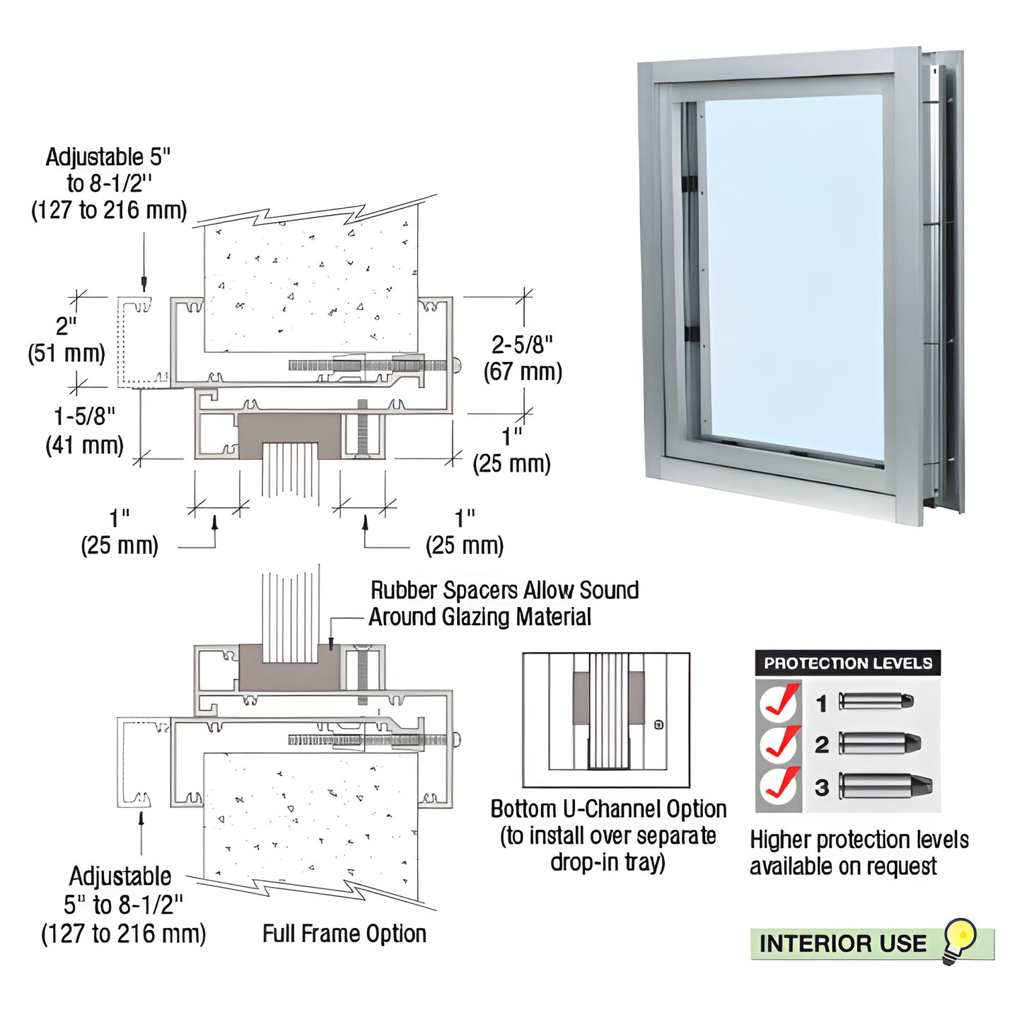Clamp-on frame vision window (satin anodized) for interior service counters with surround-sound voice passthrough. SKU C0V1A