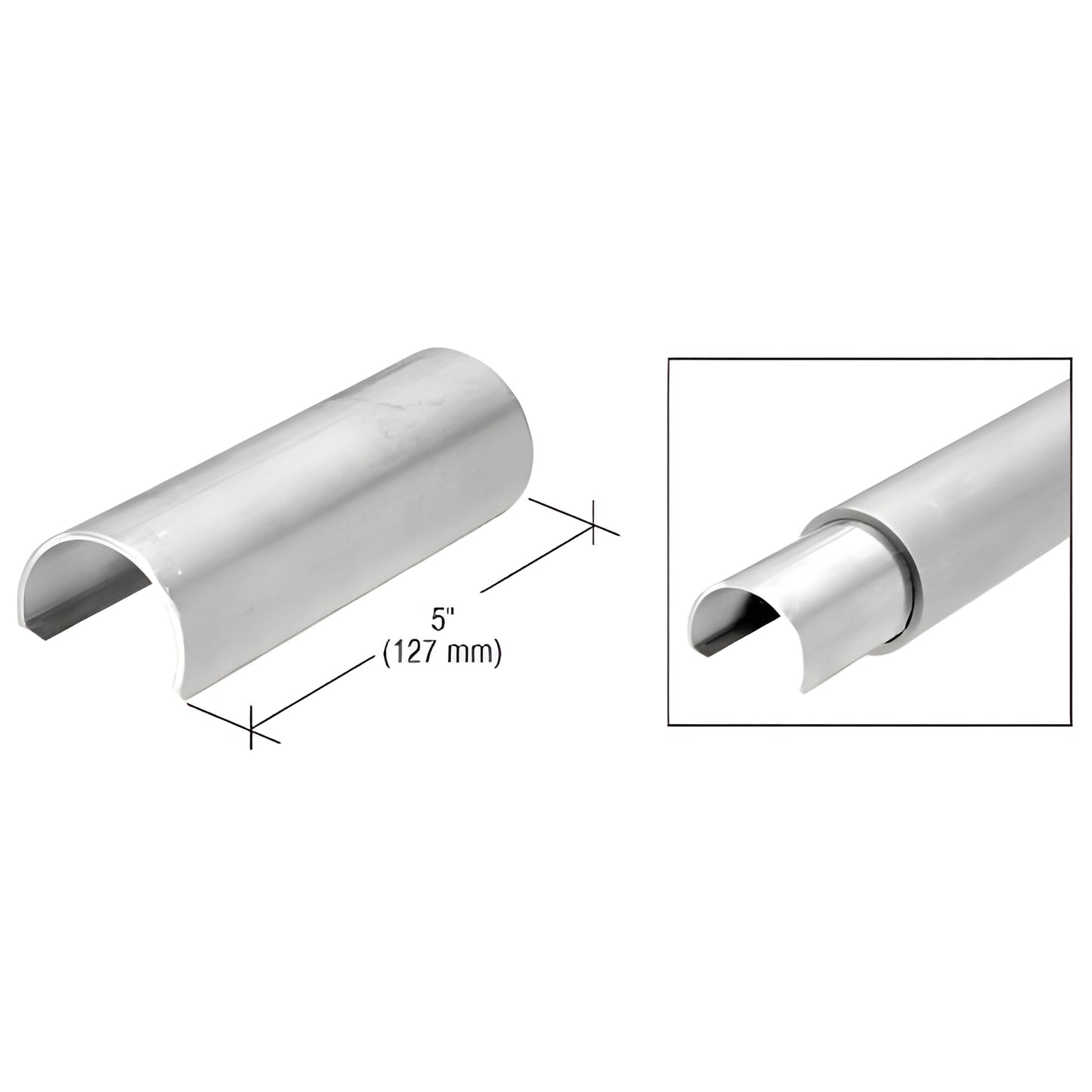 5" stainless steel mill-finish connector sleeve for 1-1/4" pipe rail, half-round splice (SKU PR16CSS)