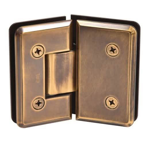Close-up of CRL Vintage Brass Cologne 045 Series 135º Glass-to-Glass Hinge, elegant finish