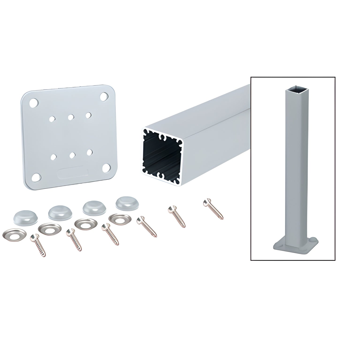 P42KM 42in aluminum 2-3/8" square surface-mount post kit with base plate, screws, washers, bolt-cover caps, mill finish