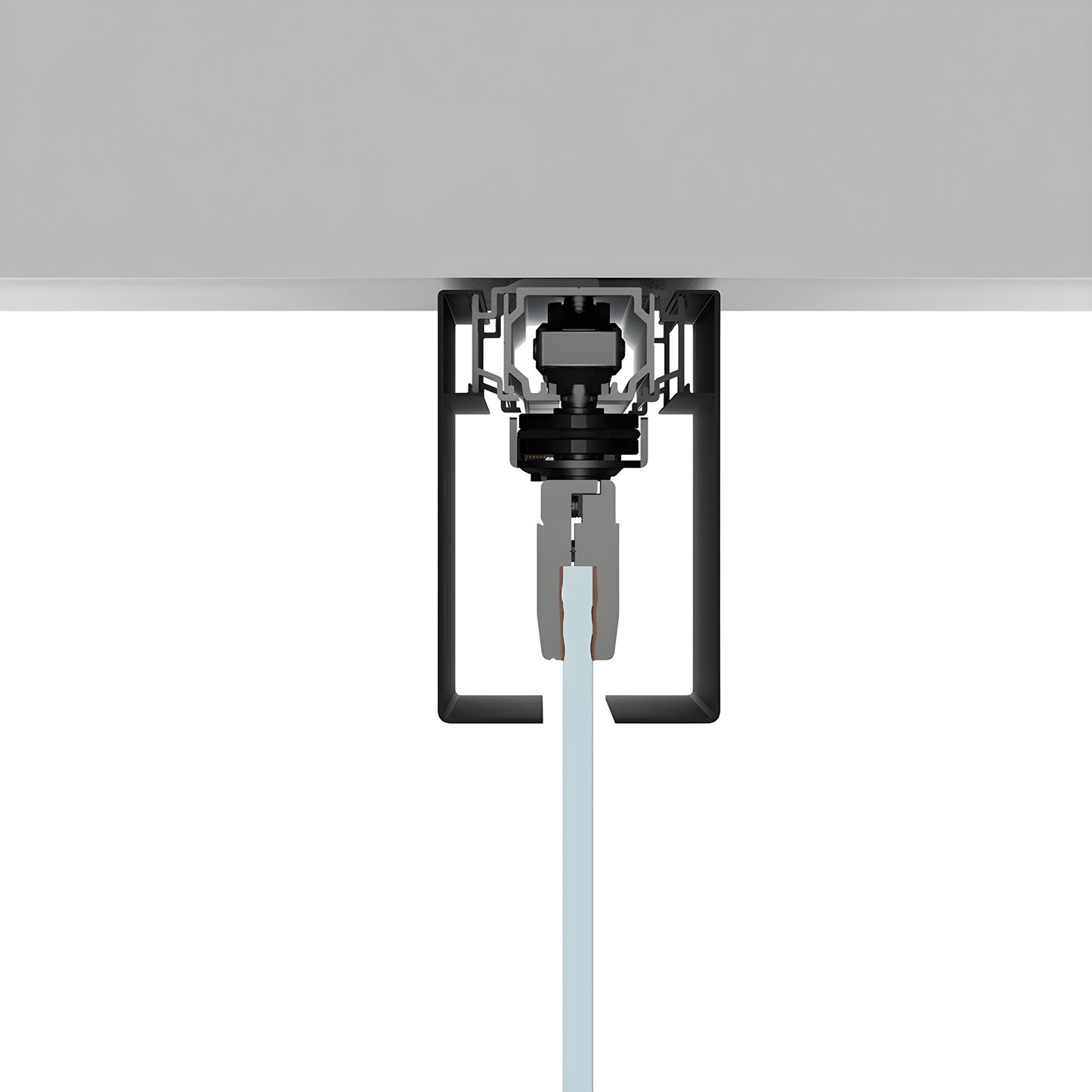 Matte black CRL50DMBL dropped-ceiling sliding glass door track with tempered glass panel, concealed rail cover