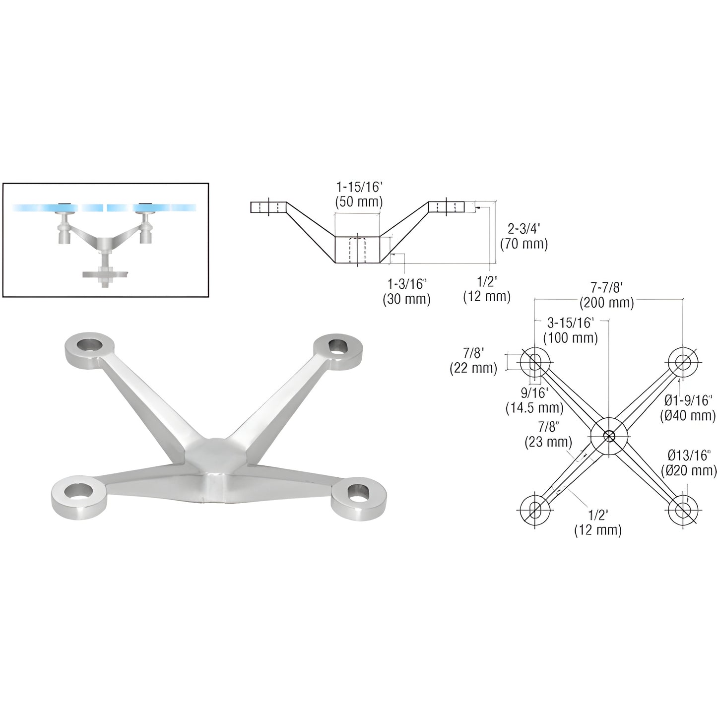 Stainless steel CRL four-arm center-post fitting (SKU PMH4BS) for monolithic tempered glass up to 1-1/16"
