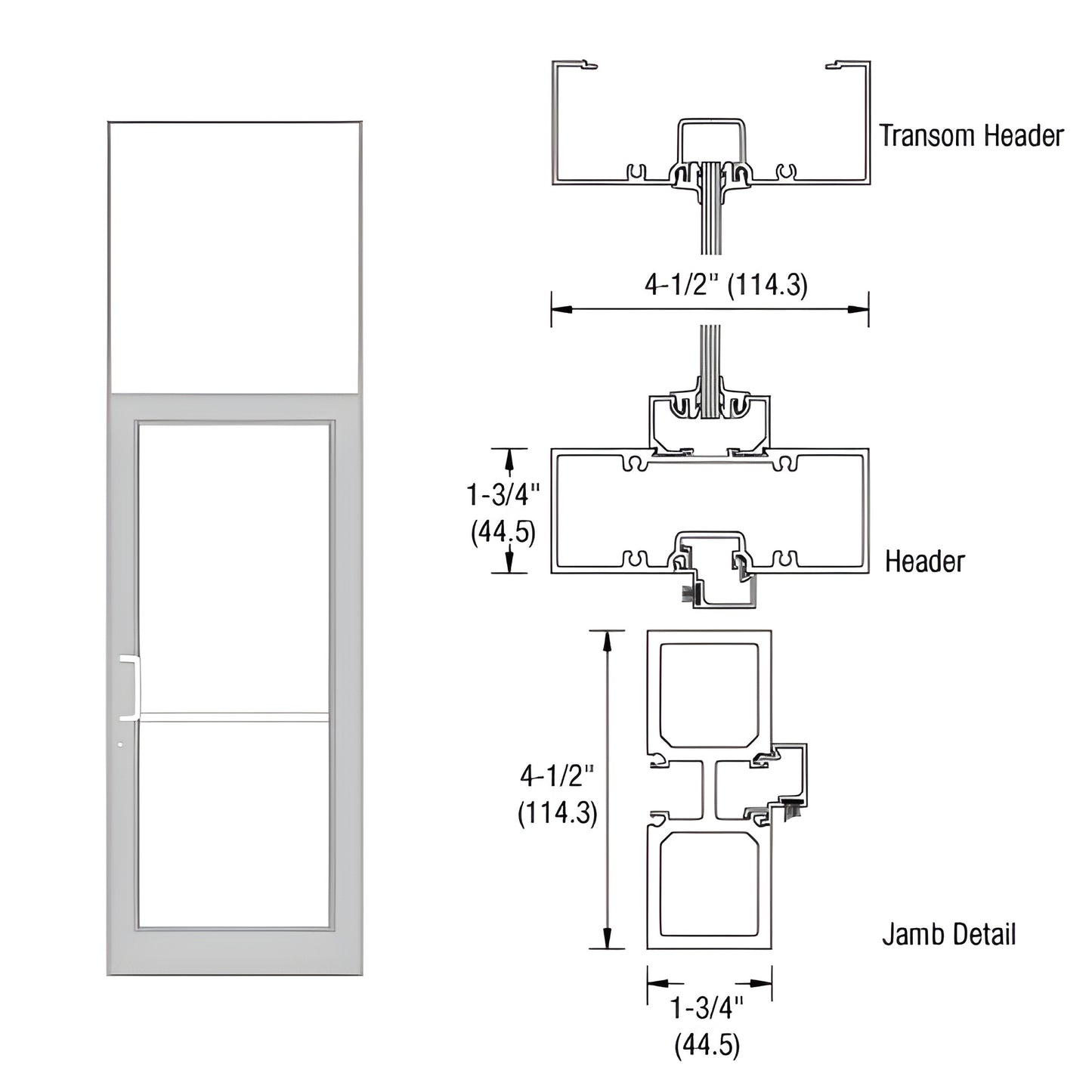 FD31511 clear anodized aluminum 36x84 storefront door frame with transom, aluminum threshold and jamb/header cross-sections