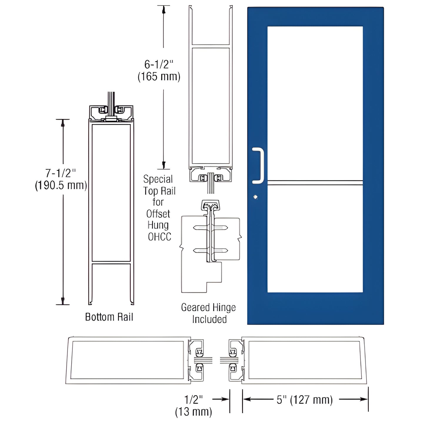 Custom wide-stile commercial entrance door (SKU HE51971), blue frame with large glass panel, push/pull hardware and geared hi