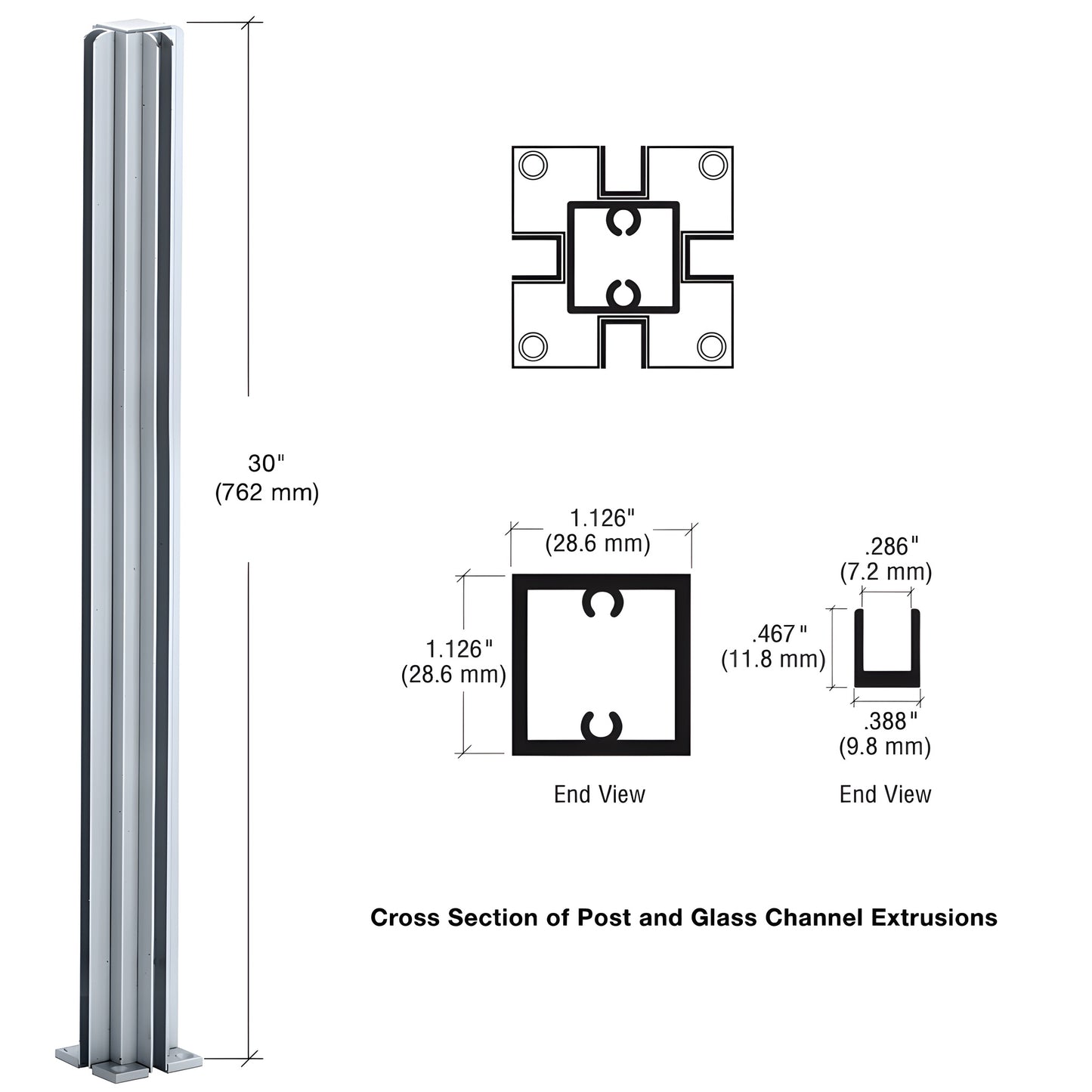 D990A304W satin-anodized aluminum 4-way square partition post with U-channel glazing, 30" height