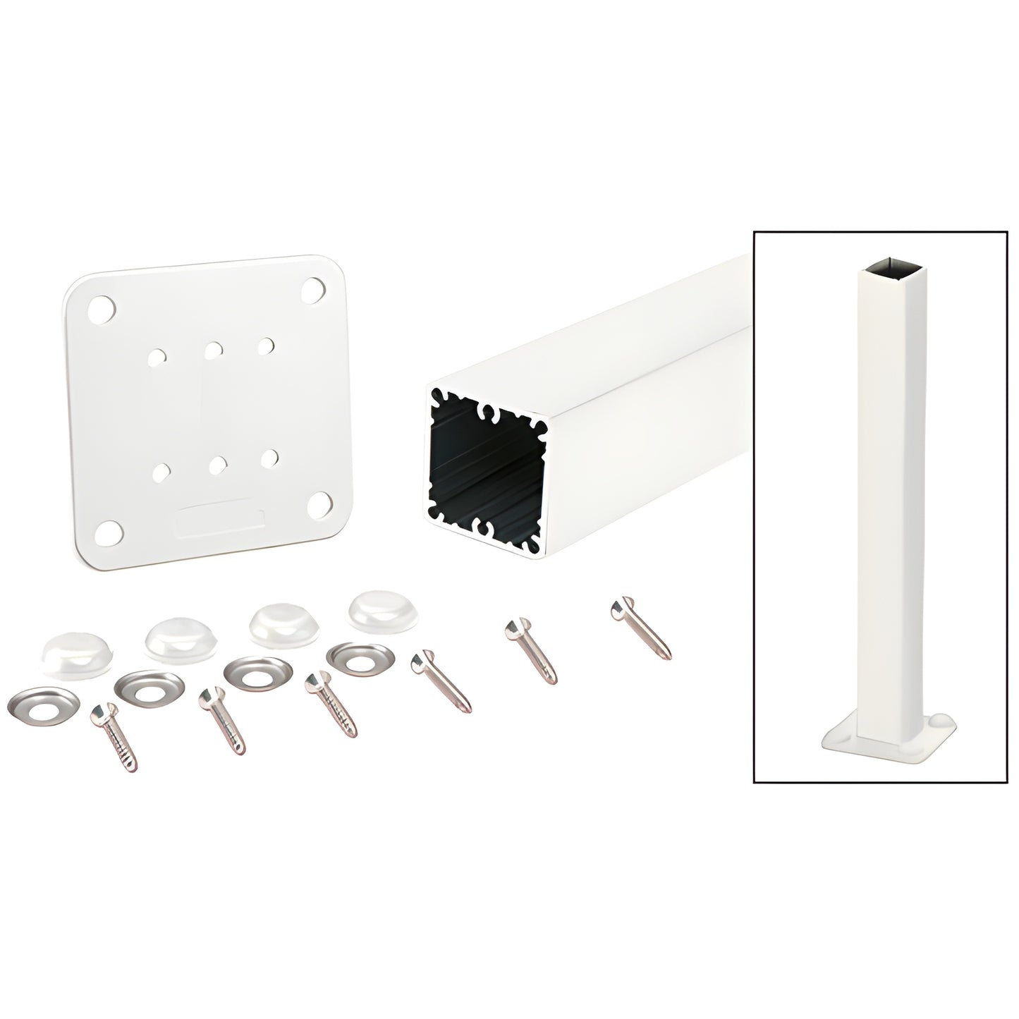 White aluminum 2-3/8" square surface-mount post kit with base plate, screws, washers and bolt cover buttons - SKU P48KW