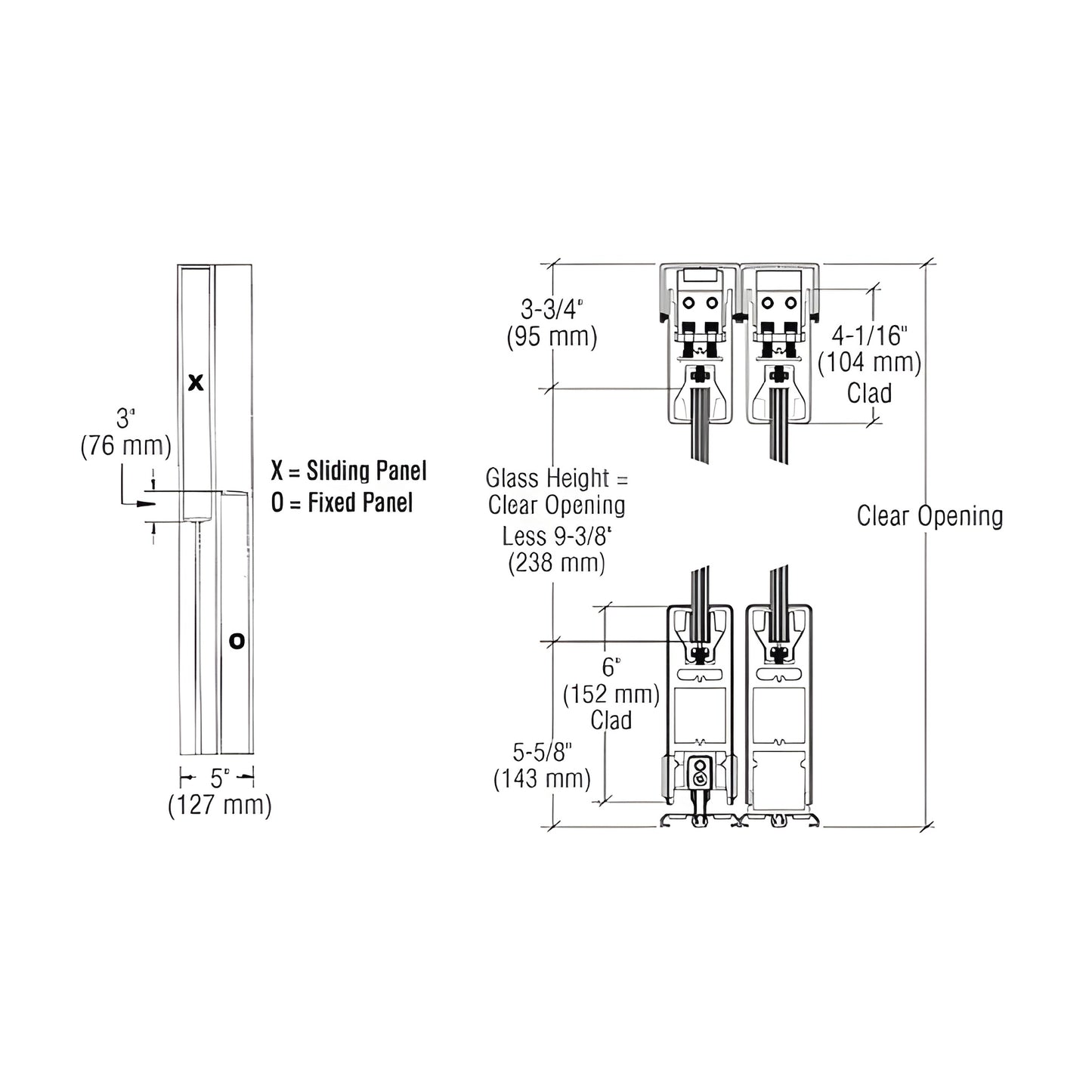 CRL SDR bottom-rolling 2-panel sliding door system (SKU 6SDR2CSA), satin anodized - technical diagram of rails, rollers and d