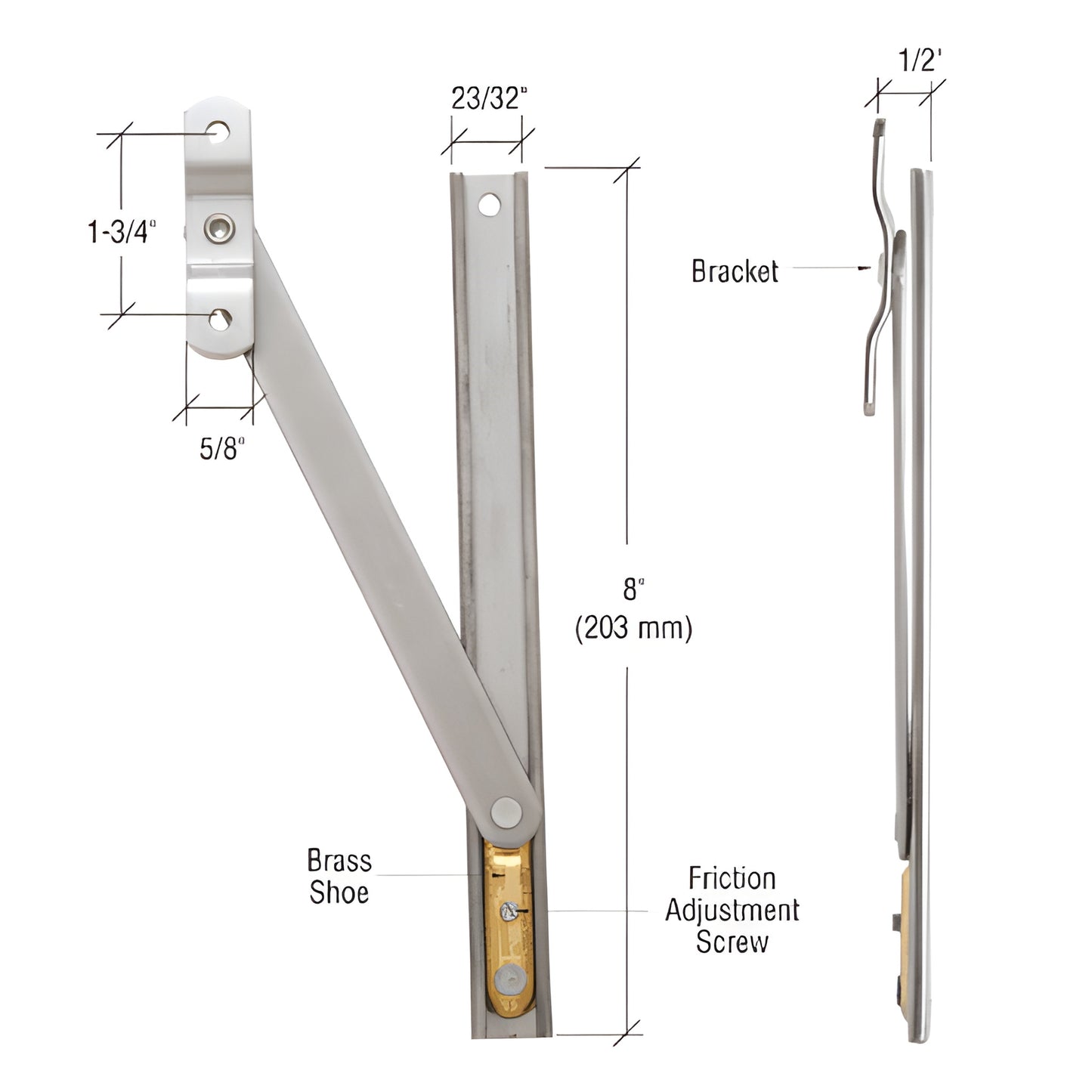 CRL stainless steel friction adjuster for casement windows, 8" bar with brass shoe and adjustment screw (SKU EP24051)