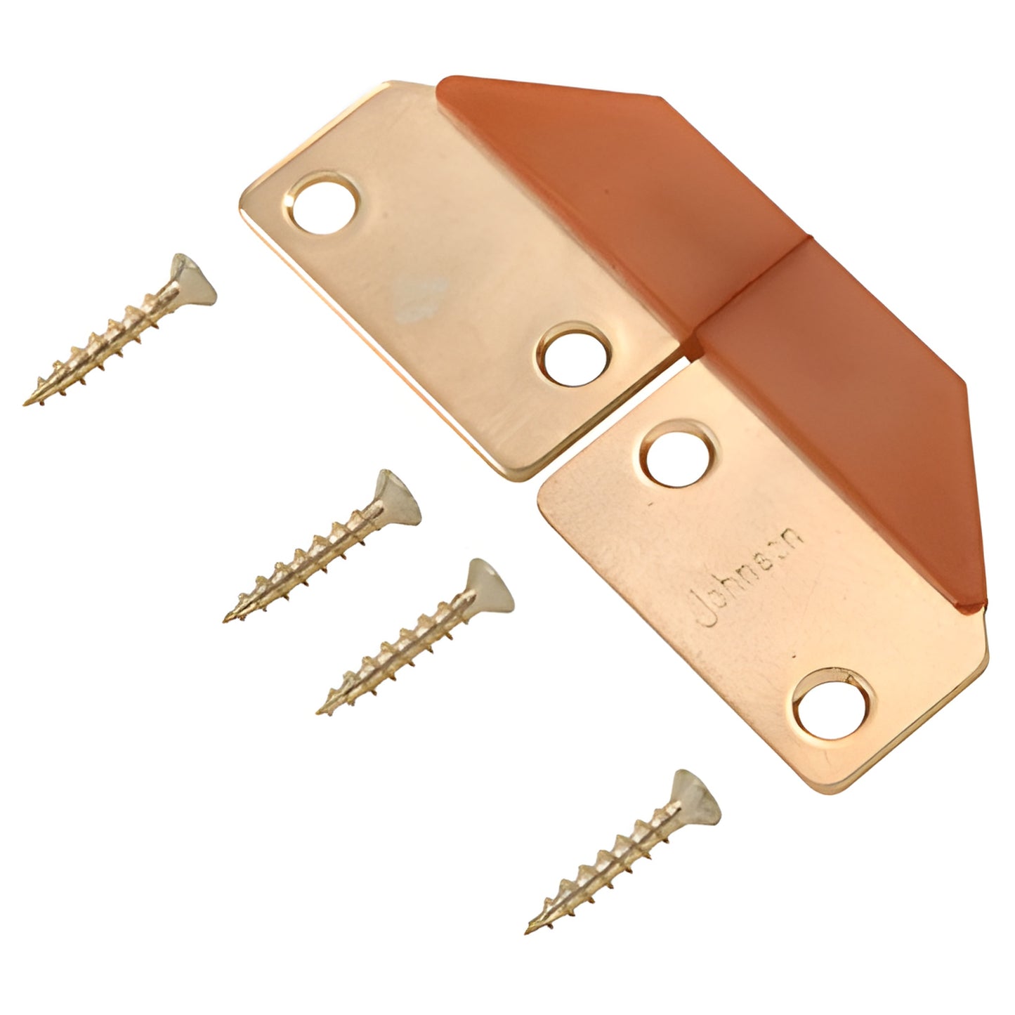 Wood-tone vinyl-covered steel non-mortise bi-fold panel hinge with four mounting screws (SKU 1606MM)