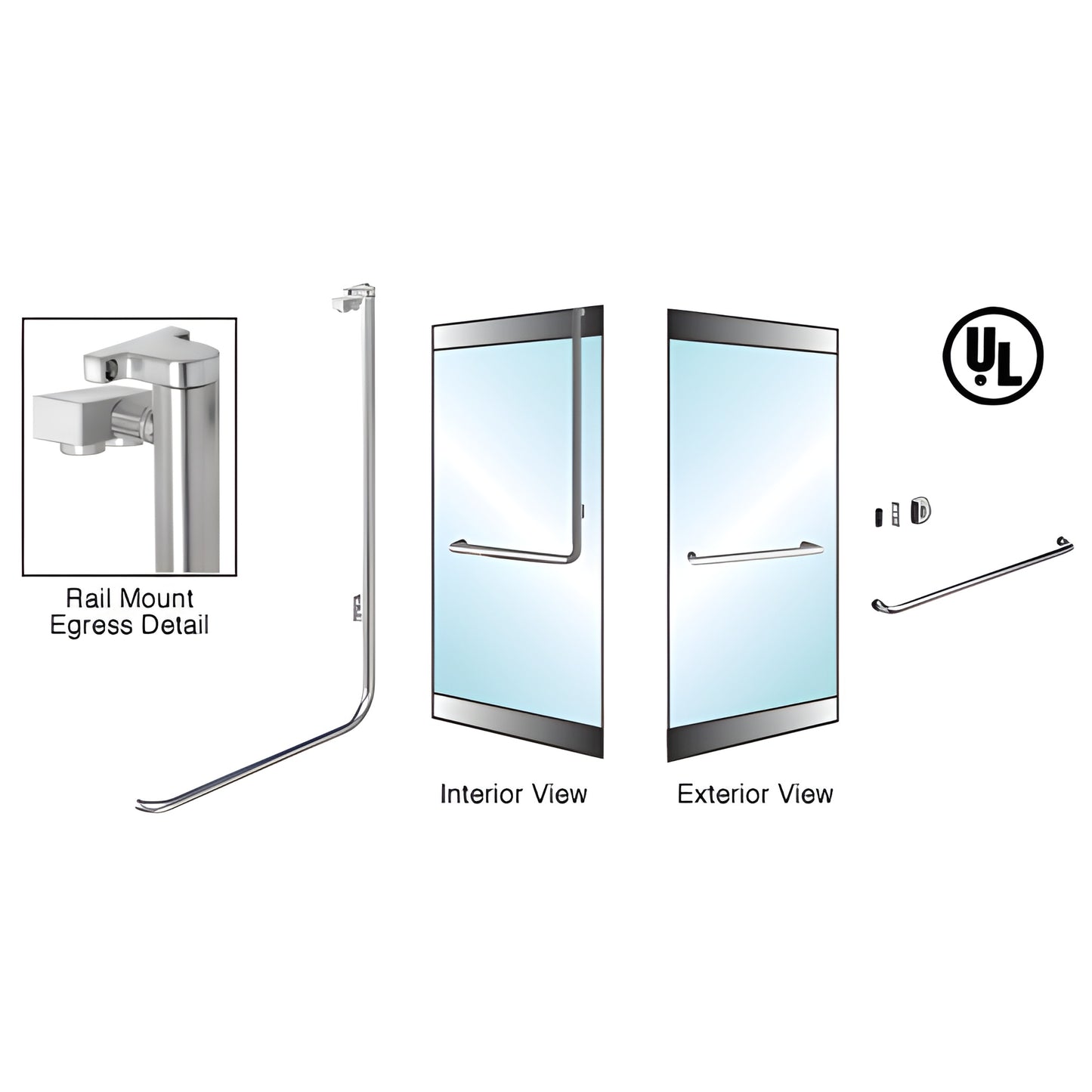 Brushed stainless rail mount electronic egress handle EG100A3RKBS for 1/2-3/4 tempered glass doors, UL recognized
