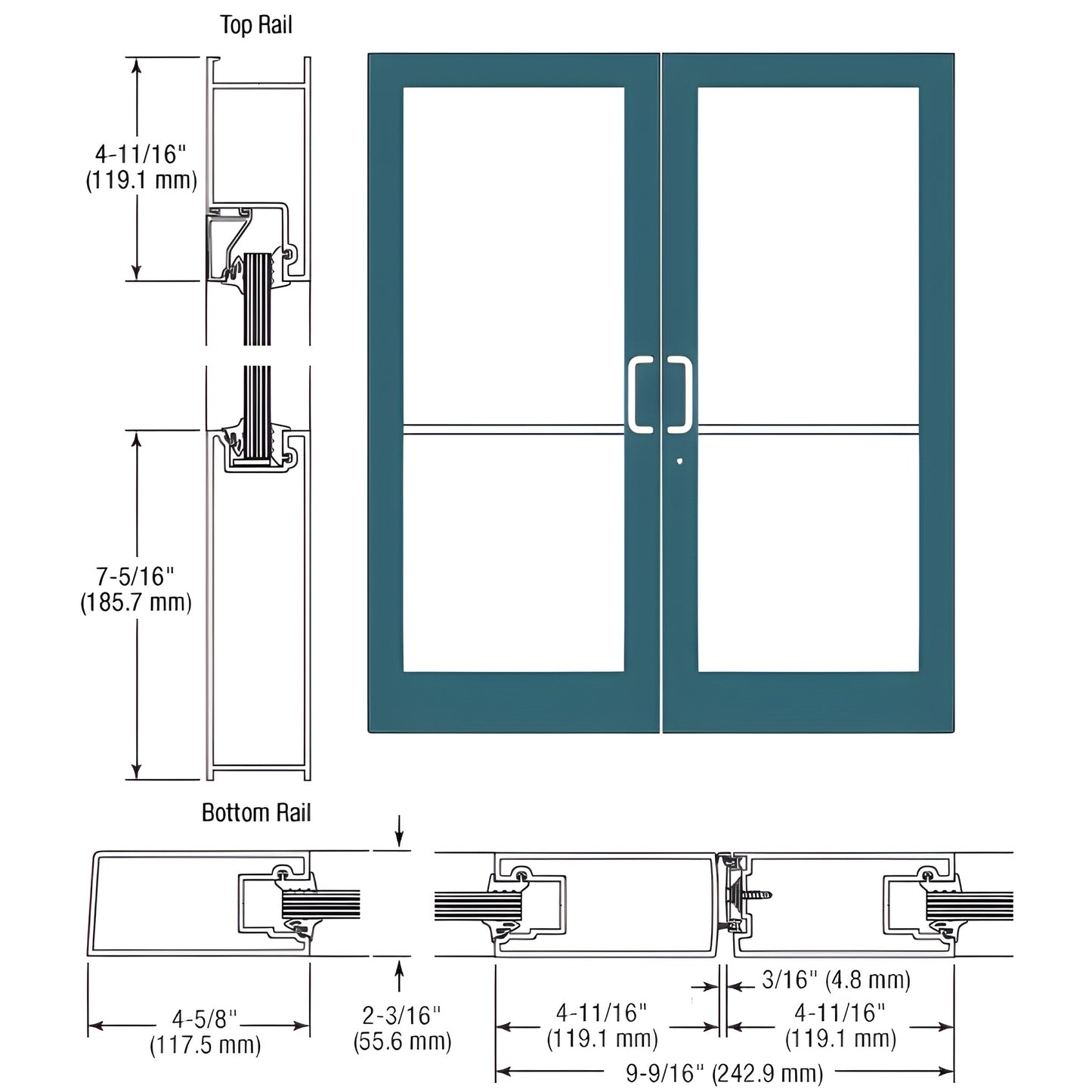 SF42871 teal medium-stile double entrance doors with glass, hardware and dimension diagrams; impact-rated