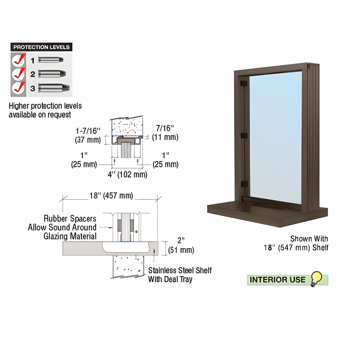 N11W18DU narrow inset aluminum frame window, bronze finish, glazed single-lite, 18" stainless steel shelf with bullet-resista