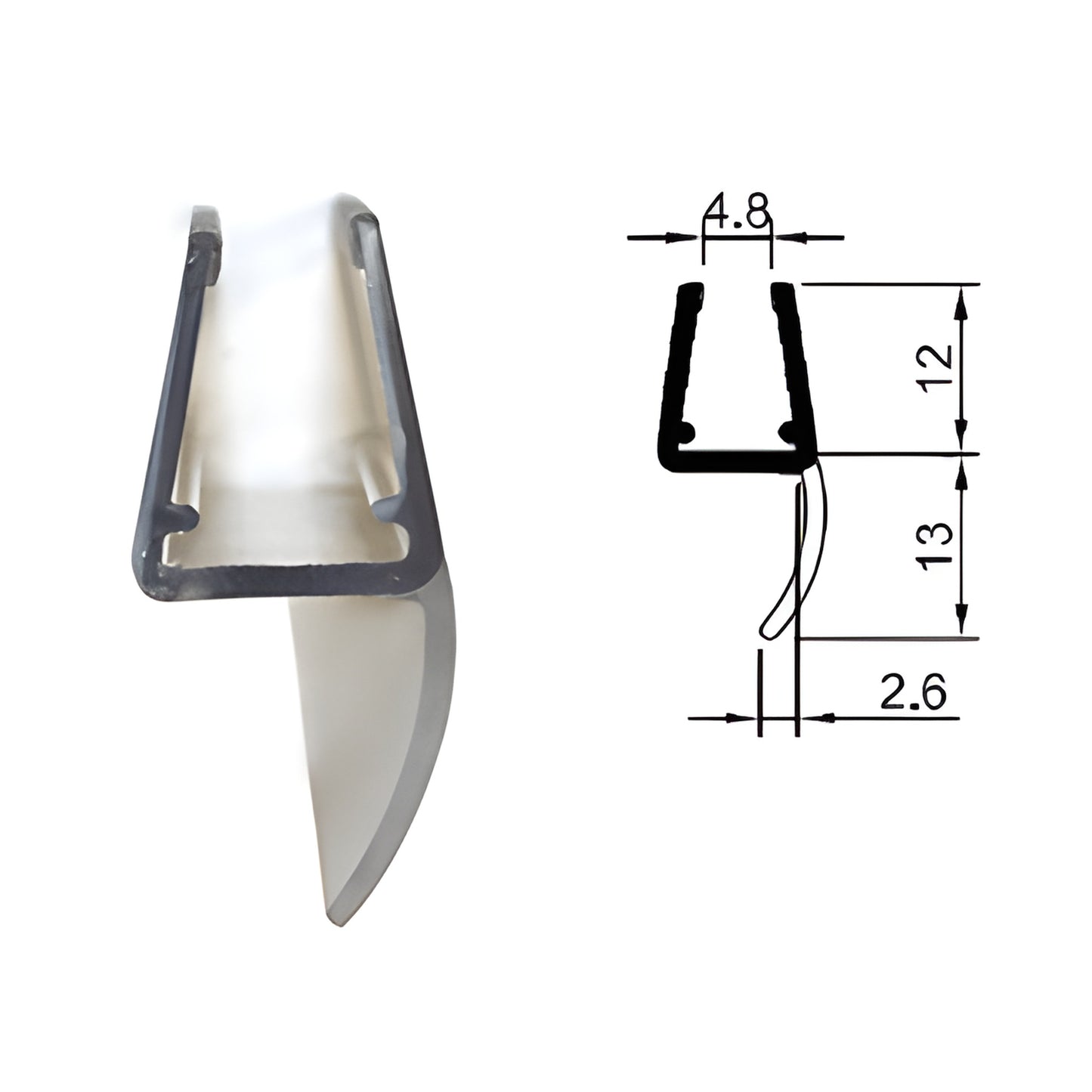 PCC8L clear dual-durometer PVC snap-on door bottom seal, soft wipe lip profile with technical dimensions shown.