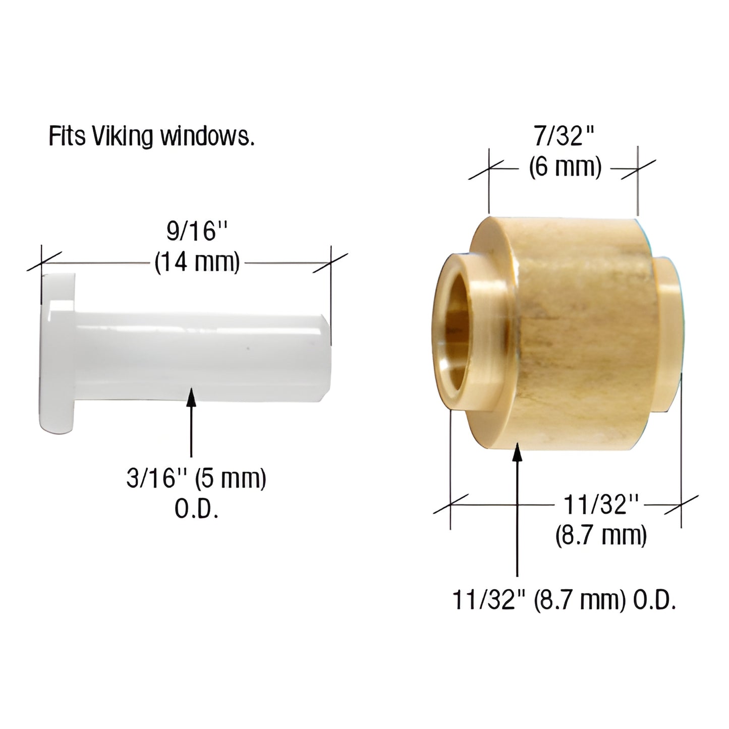 CRL G3116 brass window roller (11/32" OD) with nylon 9/16" axle pin for Viking M70 sliding windows. Two per pack.