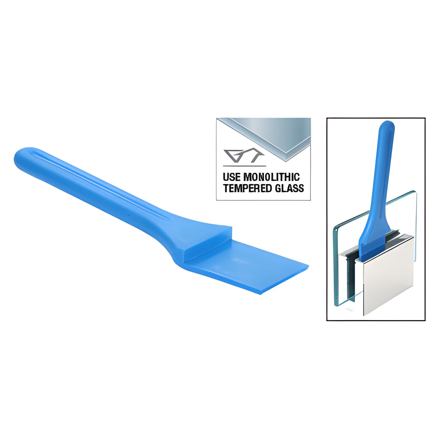 Blue plastic glass railing setting tool (GWST2) for centering monolithic tempered glass in TAPER-LOC base shoe