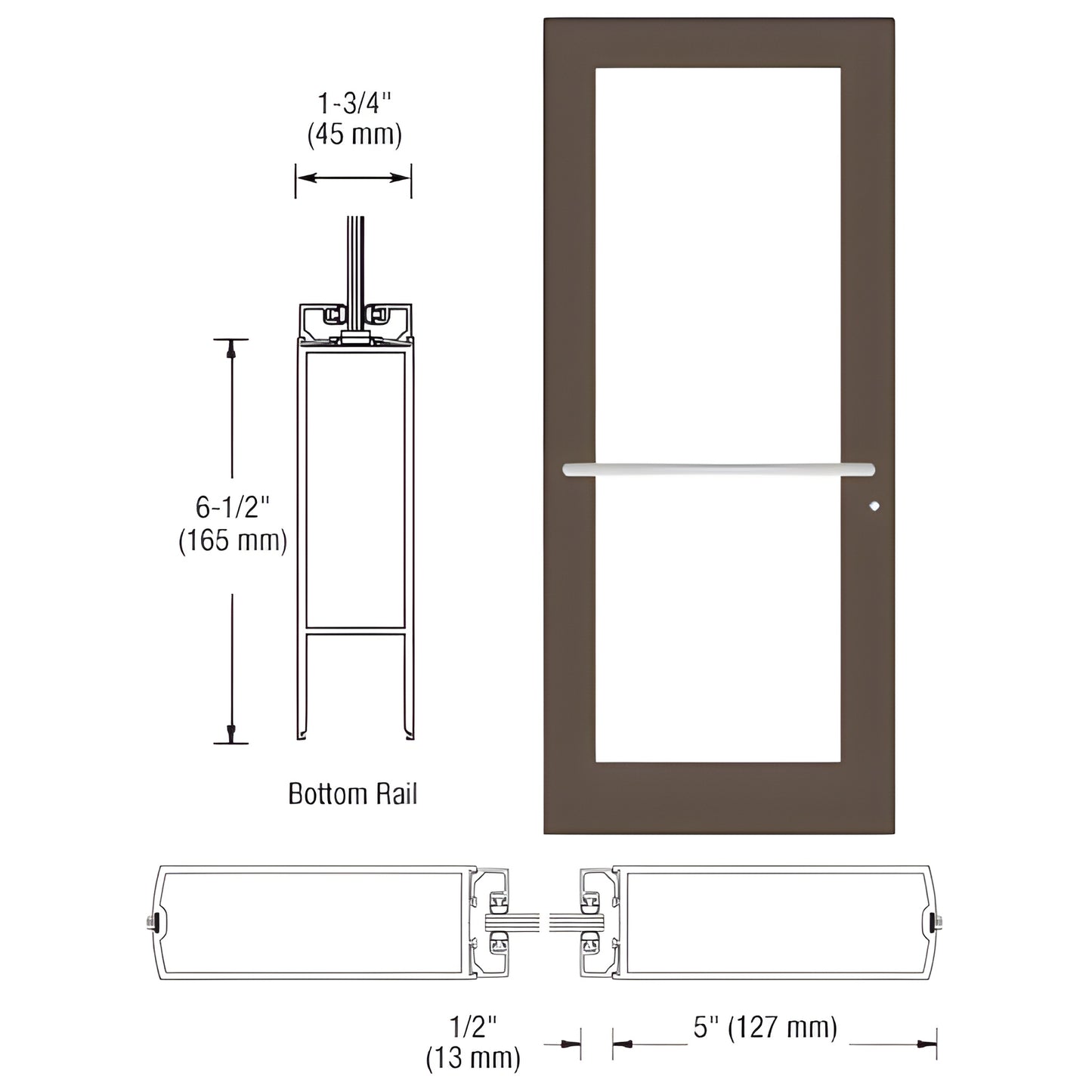 SKU DC51722R036 - 36 84 Black Bronze Anodized center-pivot commercial door, wide 5" stile, push bar, fits 1/4" tempered glass