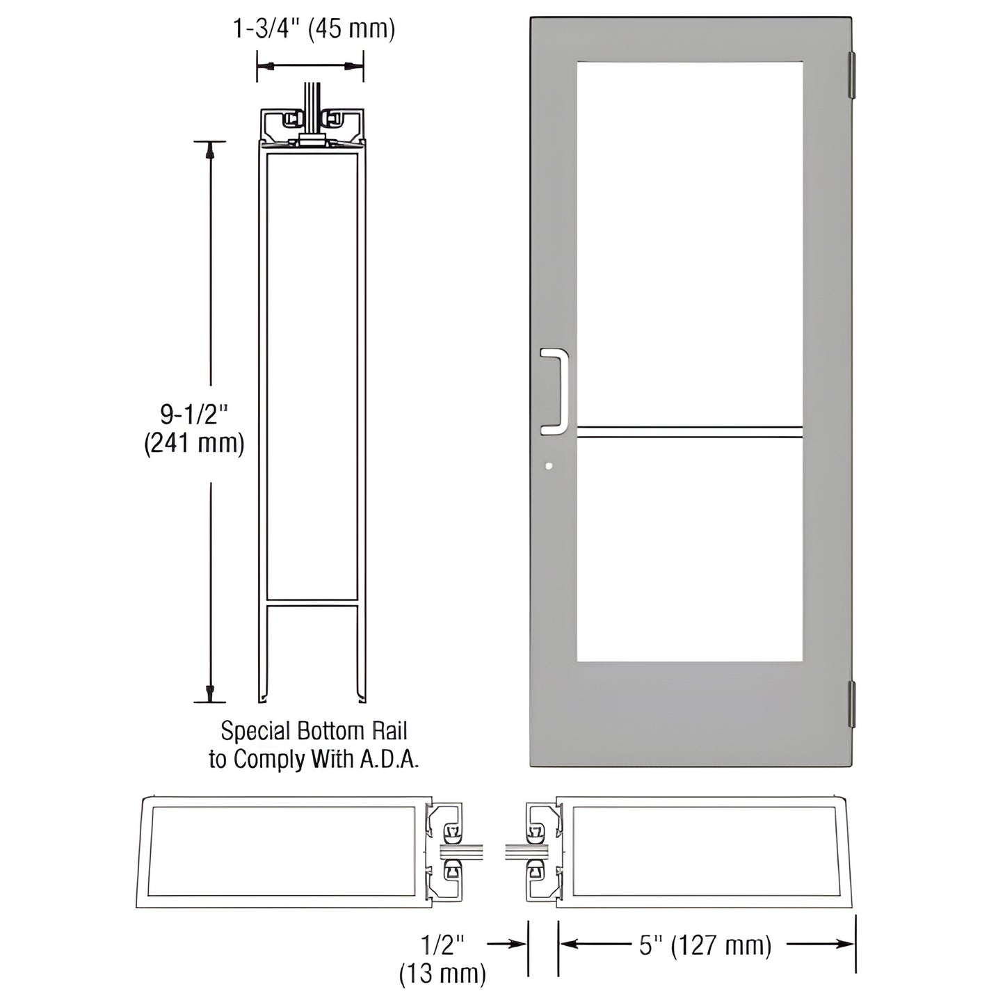 Clear anodized commercial wide-stile entrance door with 9-1/2" ADA bottom rail, 5" stiles - SKU DE51511