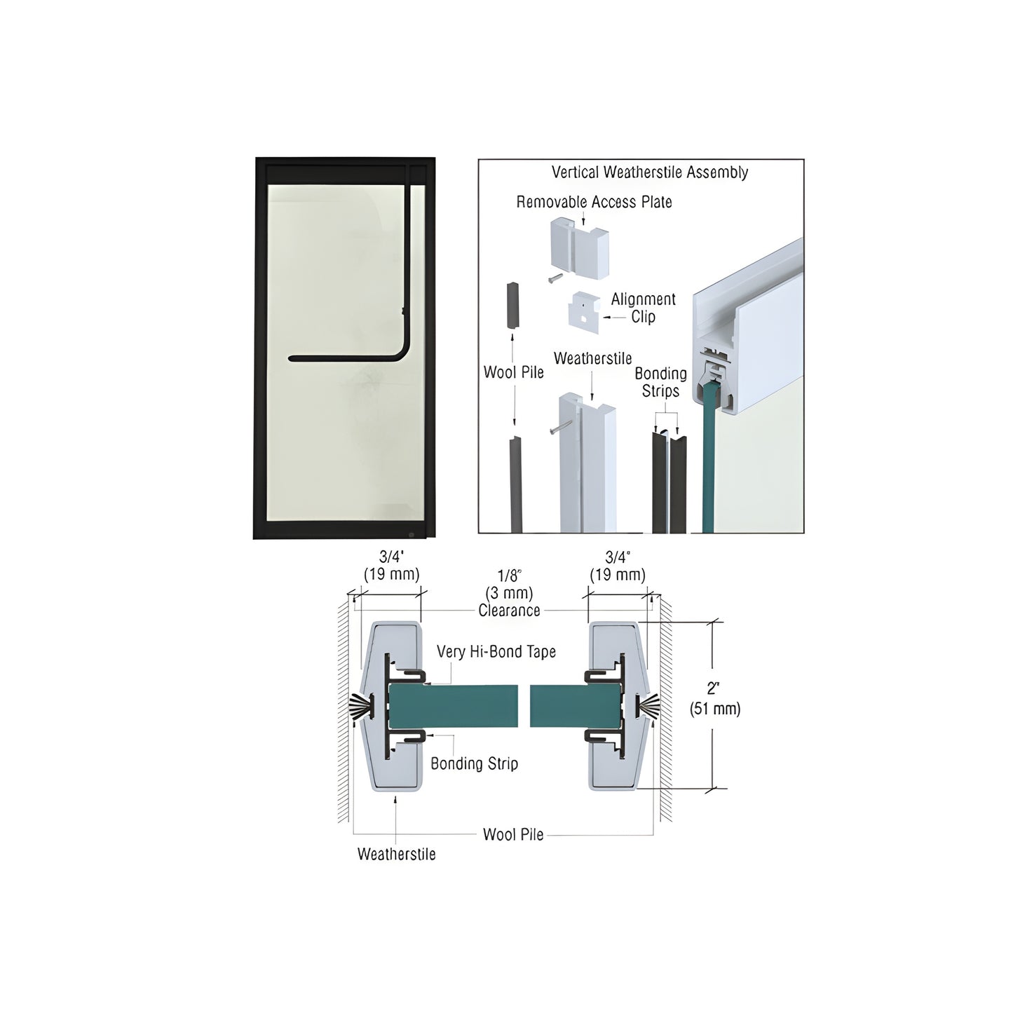 W12MBLS matte-black vertical weatherstile kit diagram for 1/2" (12 mm) tempered glass doors, wool pile & bonding strips.
