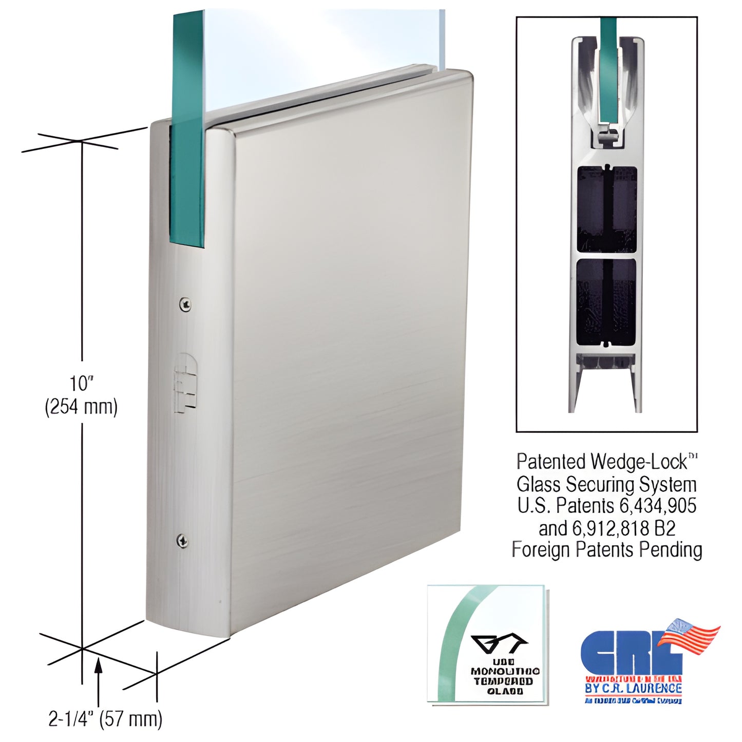 Brushed stainless steel 10" square bottom door rail (35 3/4" for 3/4" glass) with Wedge Lock glass securing system