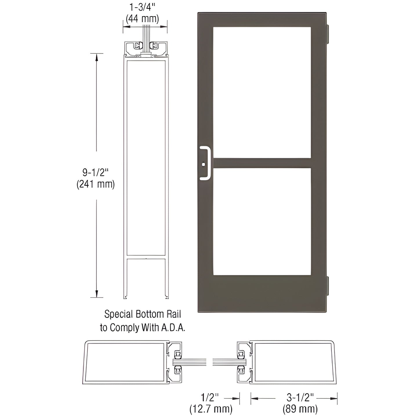 CRL CZ41522 medium stile commercial entrance door, black bronze anodized frame, ADA 9-1/2" bottom rail, two glass panels
