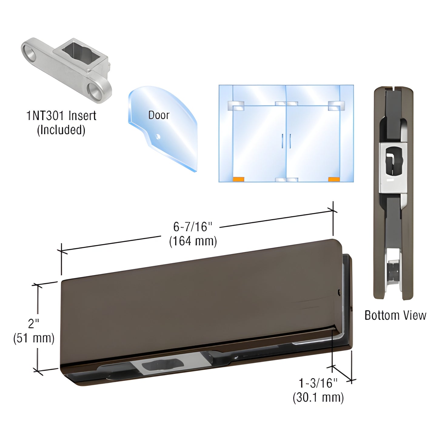 PH10CDU black bronze bottom gate patch fitting for 3/8-1/2" tempered glass, includes 1NT301 insert; dimensions and bottom vie