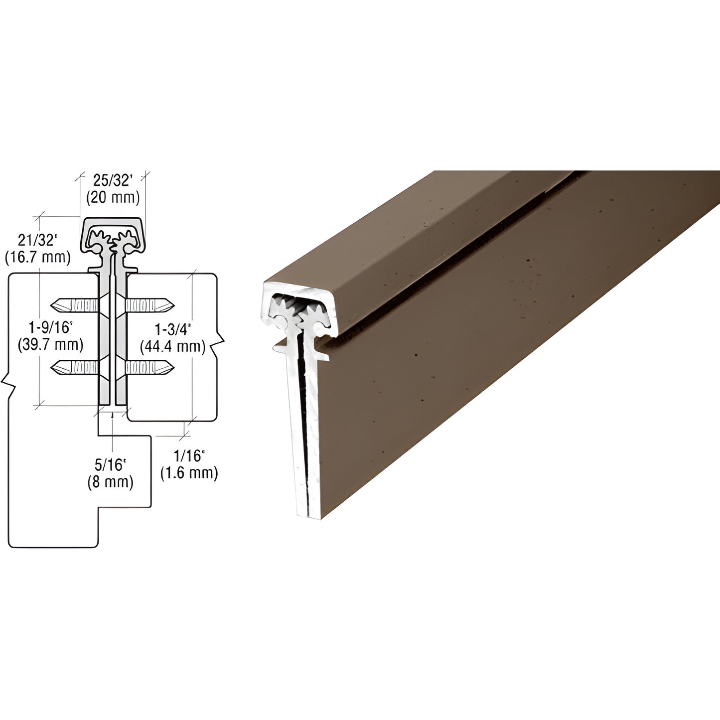 Roton concealed continuous door hinge, dark bronze anodized aluminum, 83-inch length (SKU 11283DU)