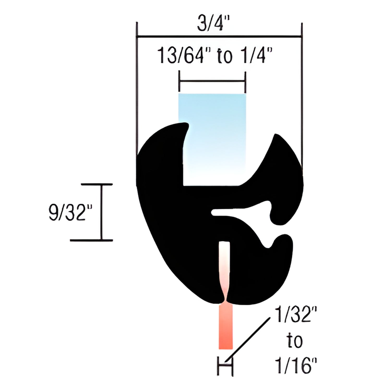 AS1035 black EPDM two-piece self-sealing weatherstrip cross-section with dimensions: 3/4" width, 13/64-1/4" glass.